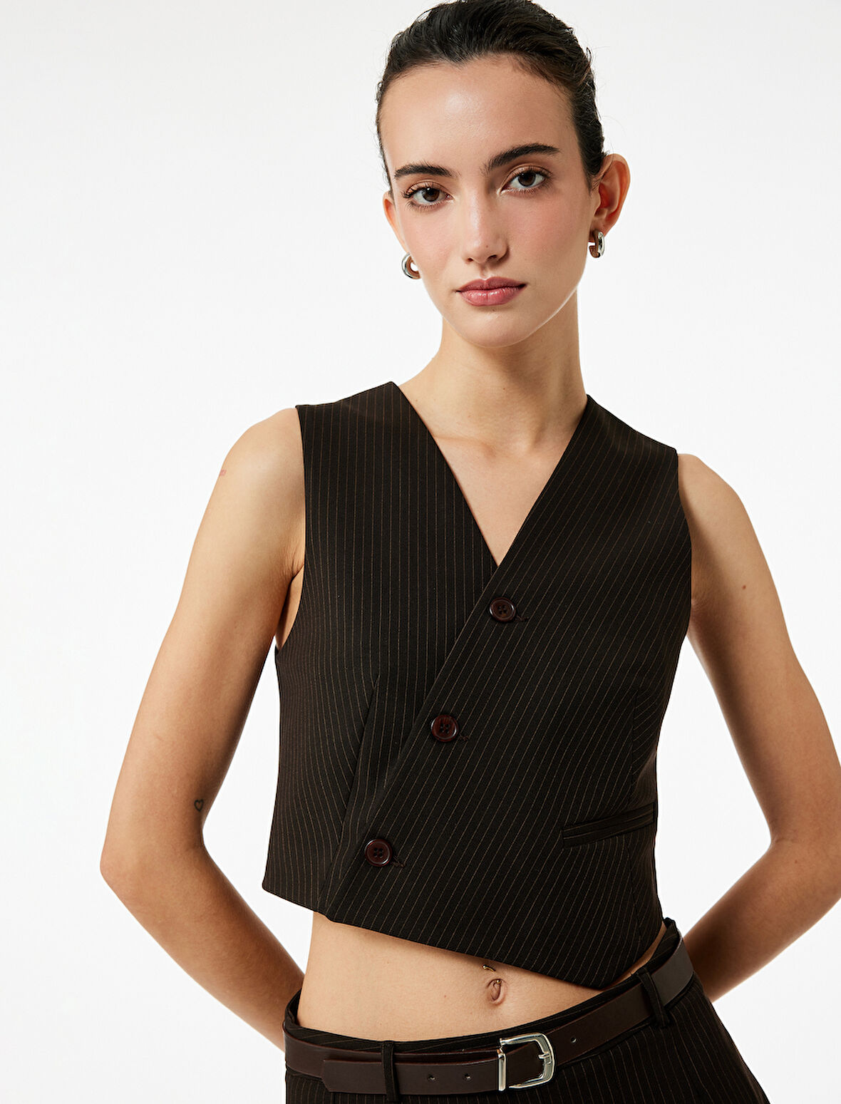 Kruvaze Düğmeli Asimetrik Kesim Blazer Yelek