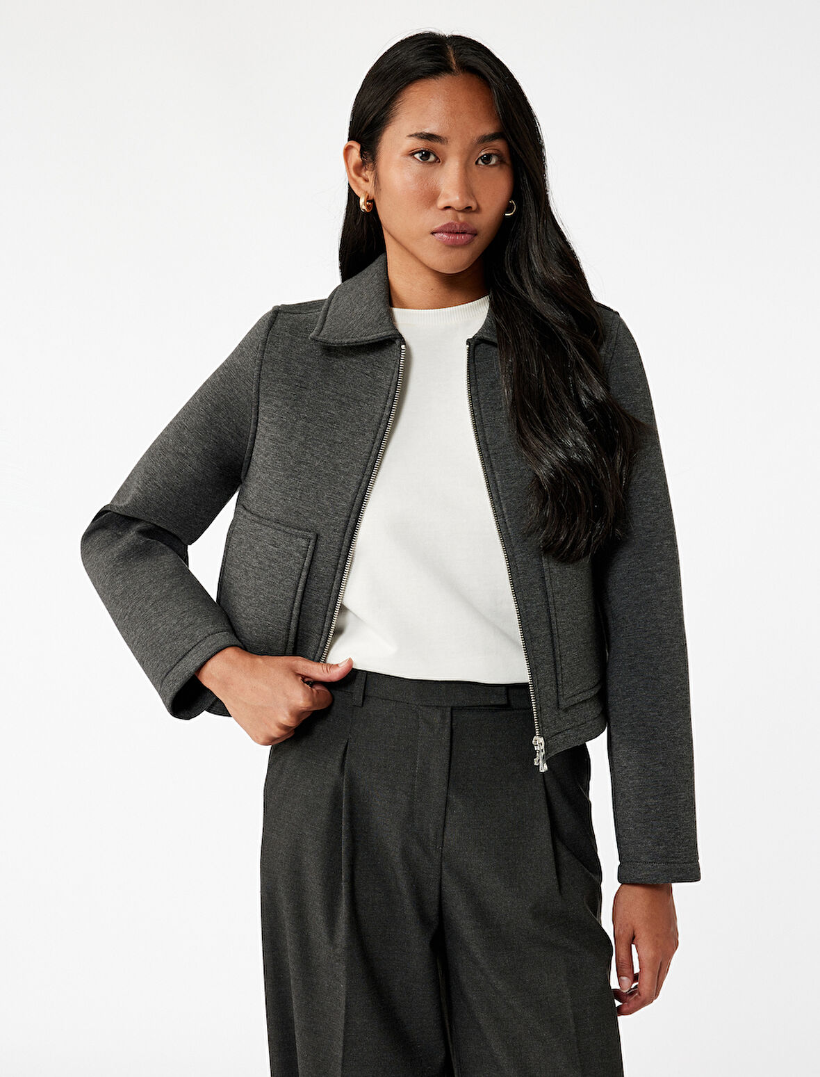 Scuba Kumaş Uzun Kollu Fermuarlı Crop Spor Ceket