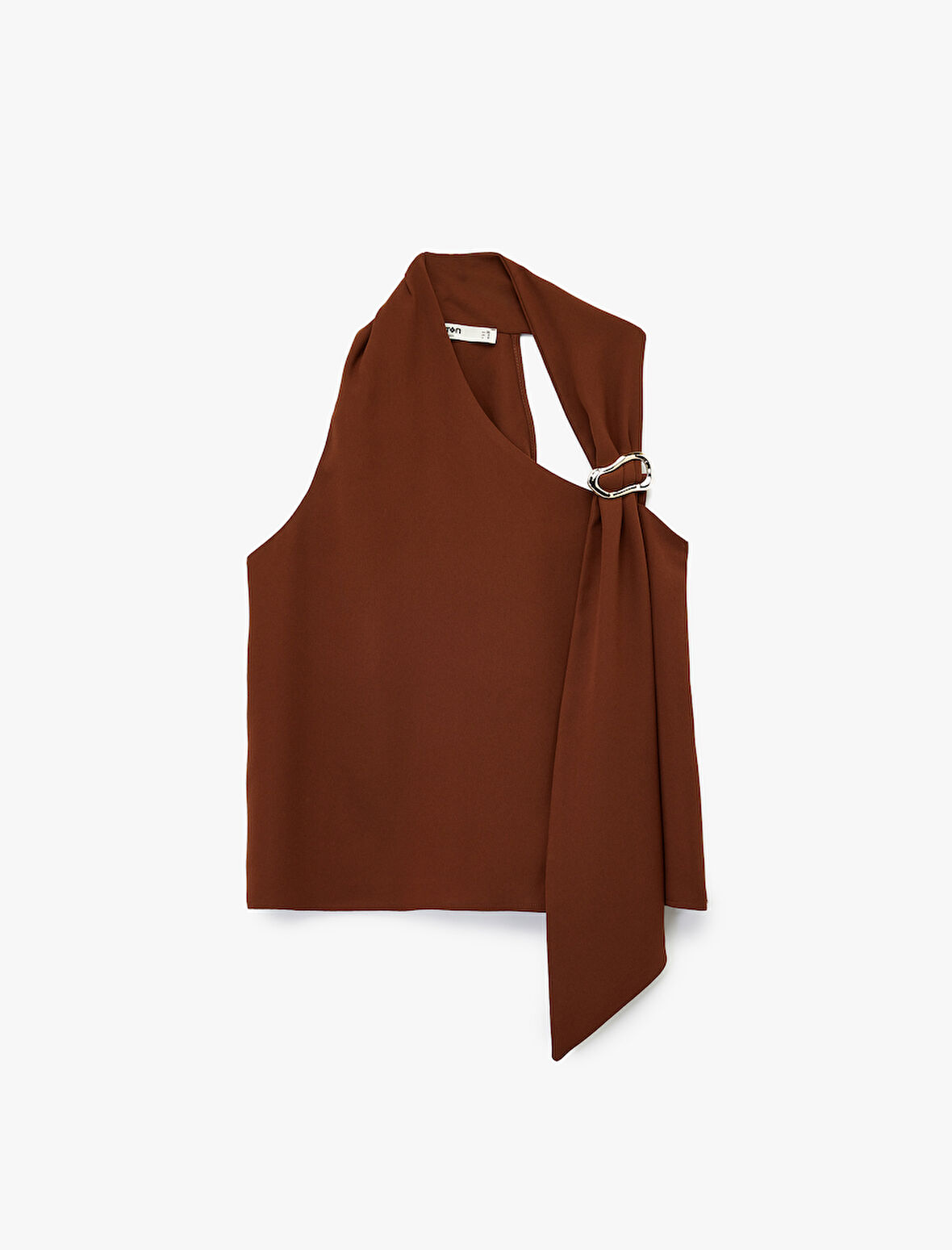 Krep Kumaş Metal Aksesuarlı Asimetrik Halter Yaka Kolsuz Bluz