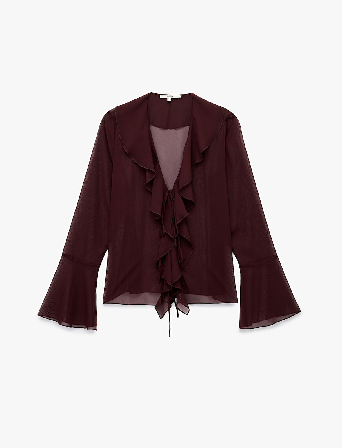 Yarı Transparan Bağlama Detaylı Uzun Kollu V Yaka Fırfırlı Şifon Gömlek