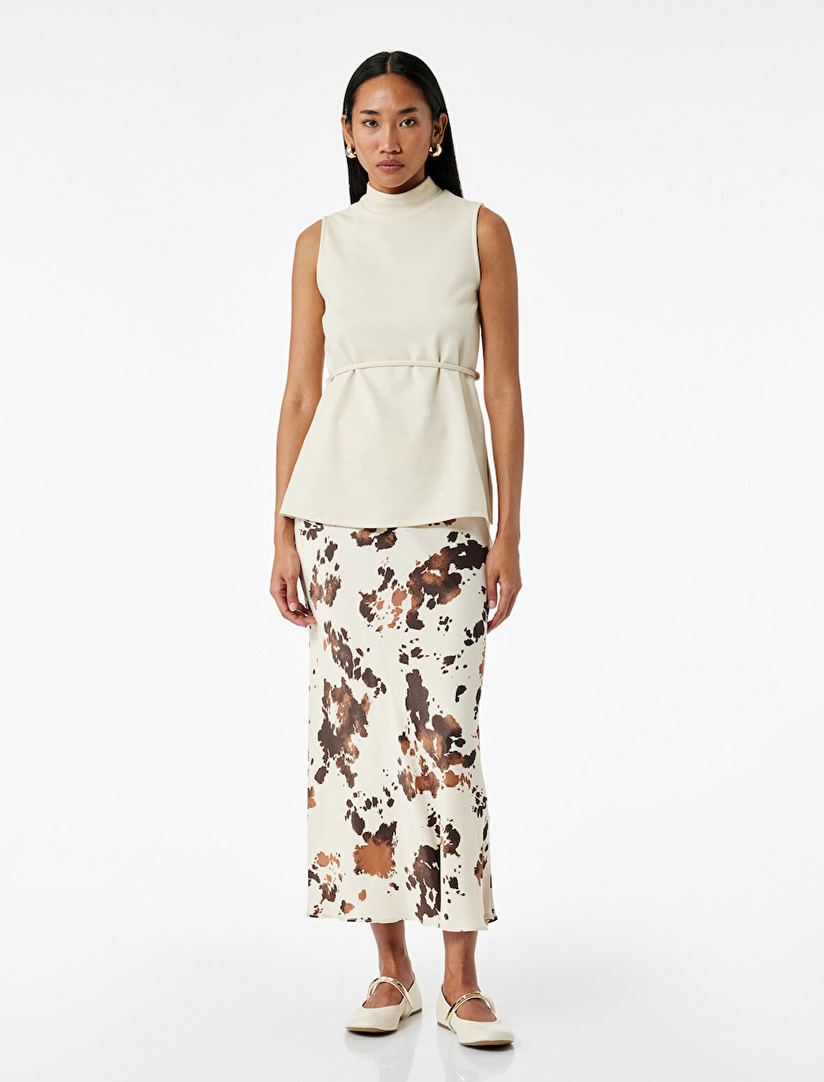 Kemer Detaylı Desenli Uzun Saten Etek