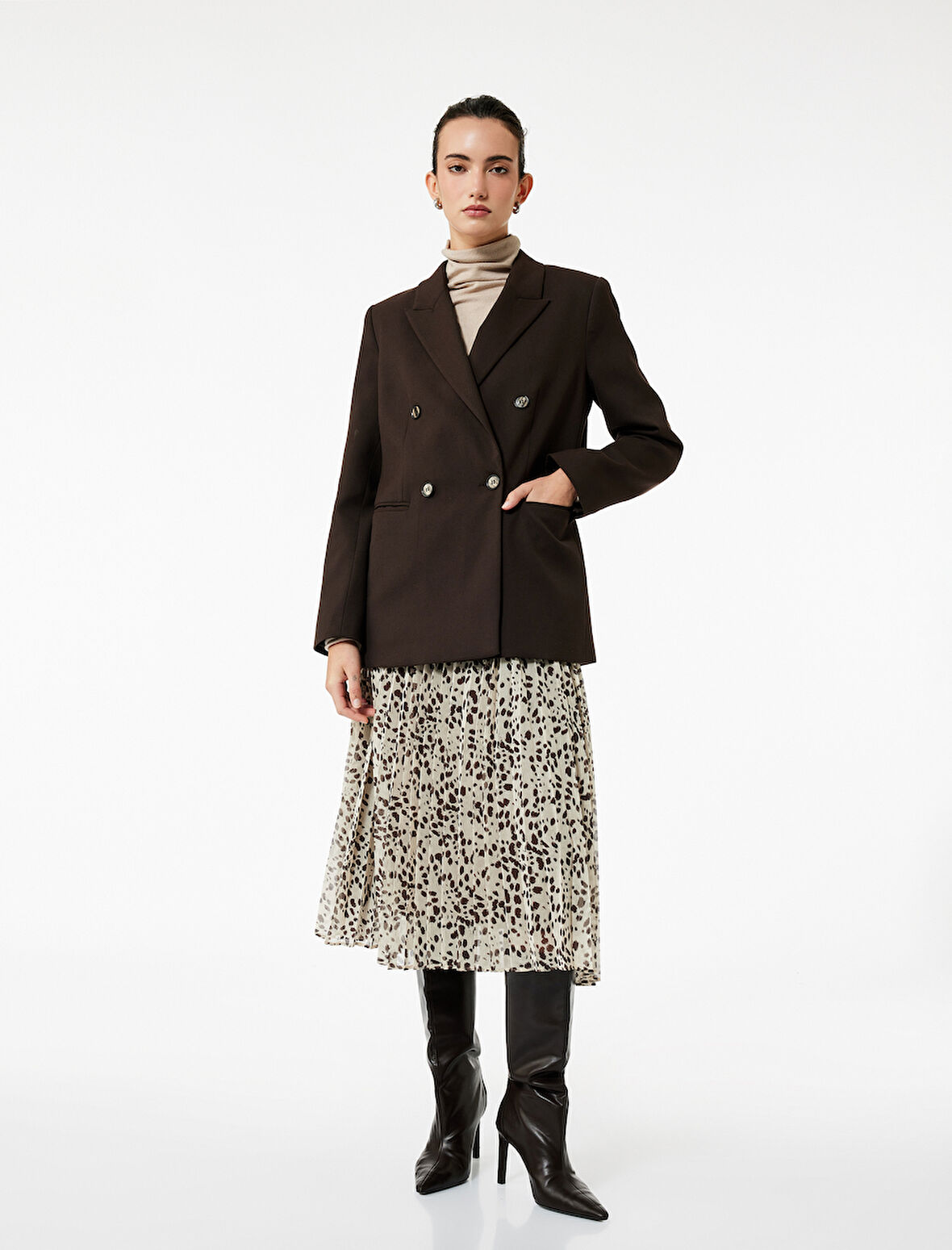 Standart Bel Leopar Desenli Pileli Midi Şifon Etek