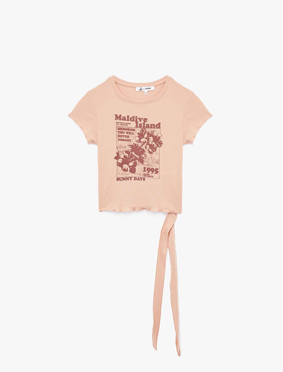 Kuşak Detaylı Kısa Kollu Bisiklet Yaka Pamuklu Baskılı Tişört