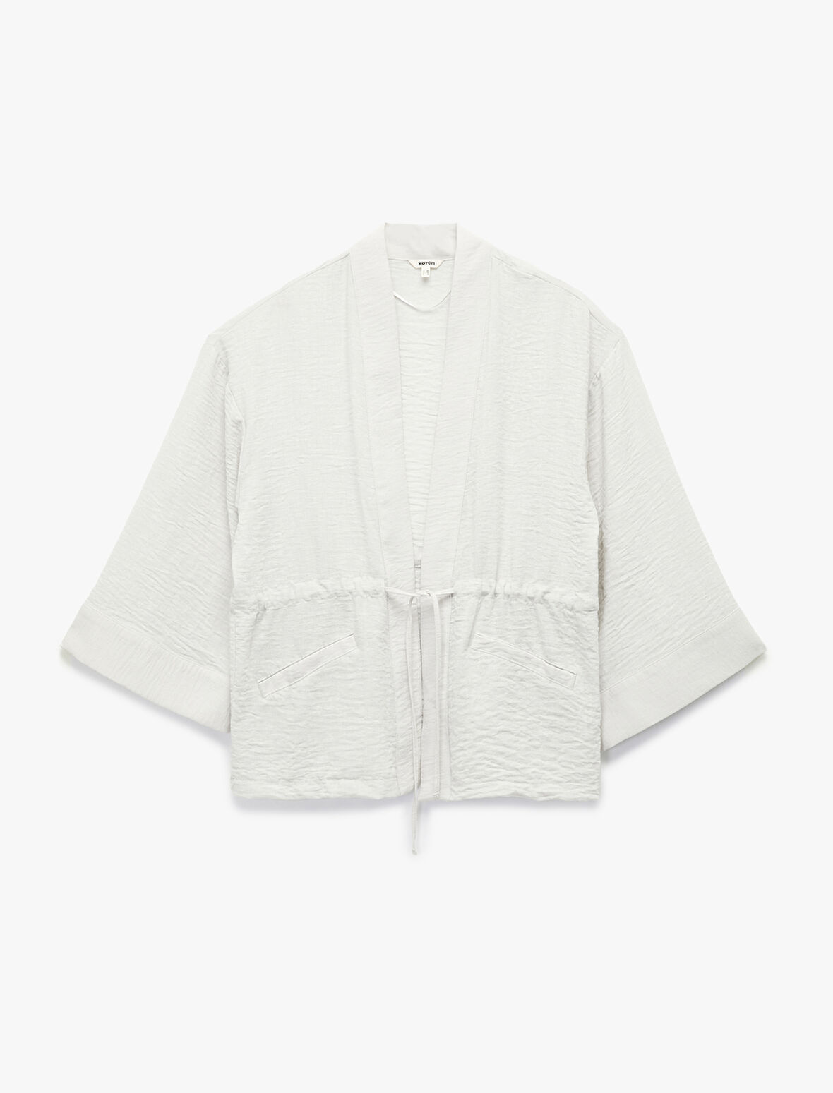 Uzun Kollu Cepli Beli Bağcık Detaylı Kruvaze Kimono