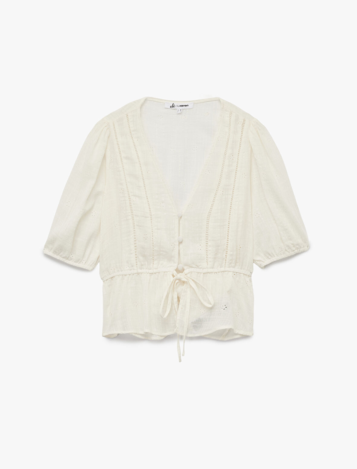 V Yaka Viskon Karışımlı Kısa Balon Kol Nakışlı Bağlama Detaylı Bluz