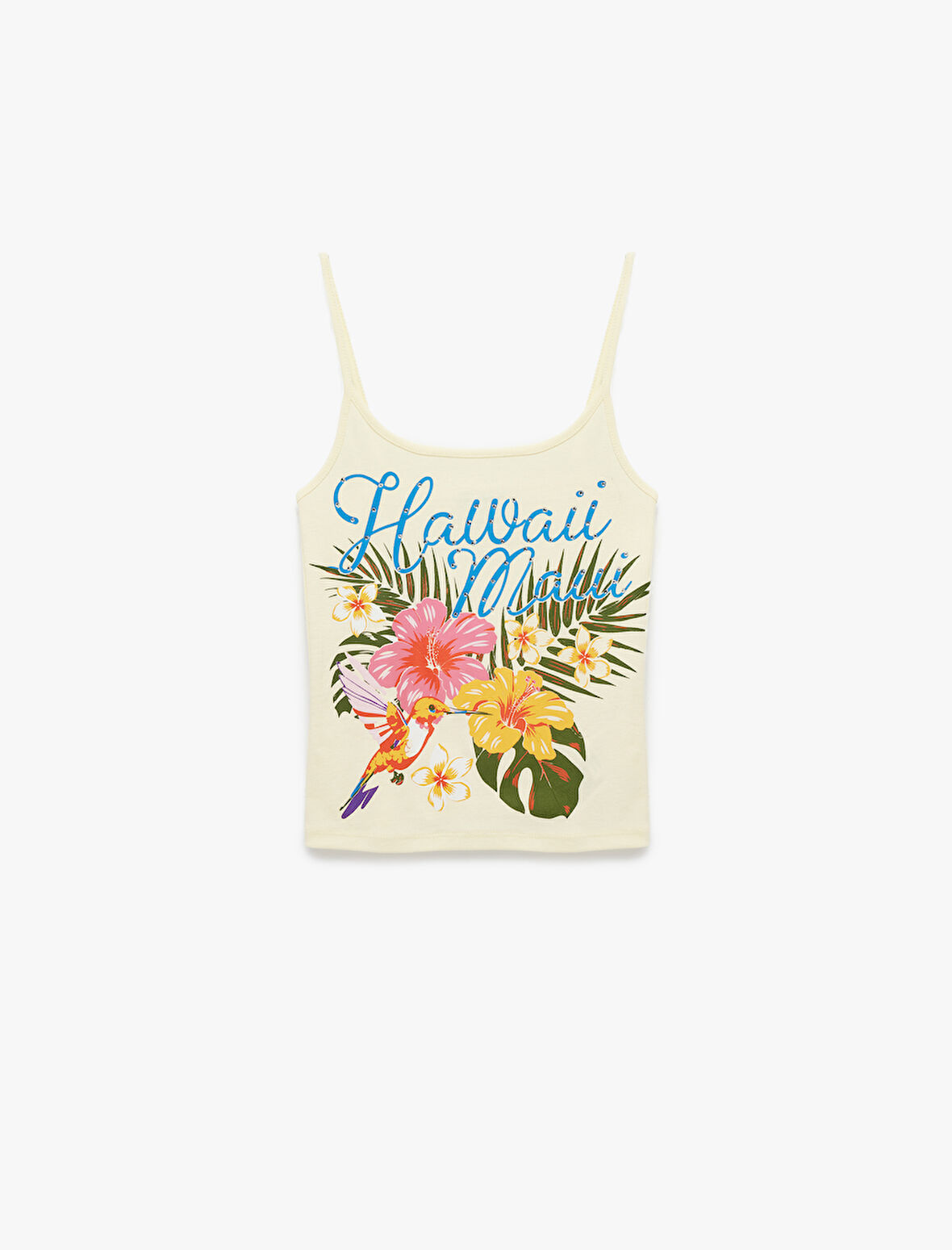 Pamuklu İp Askılı Hawaii Baskılı Slim Fit Bluz