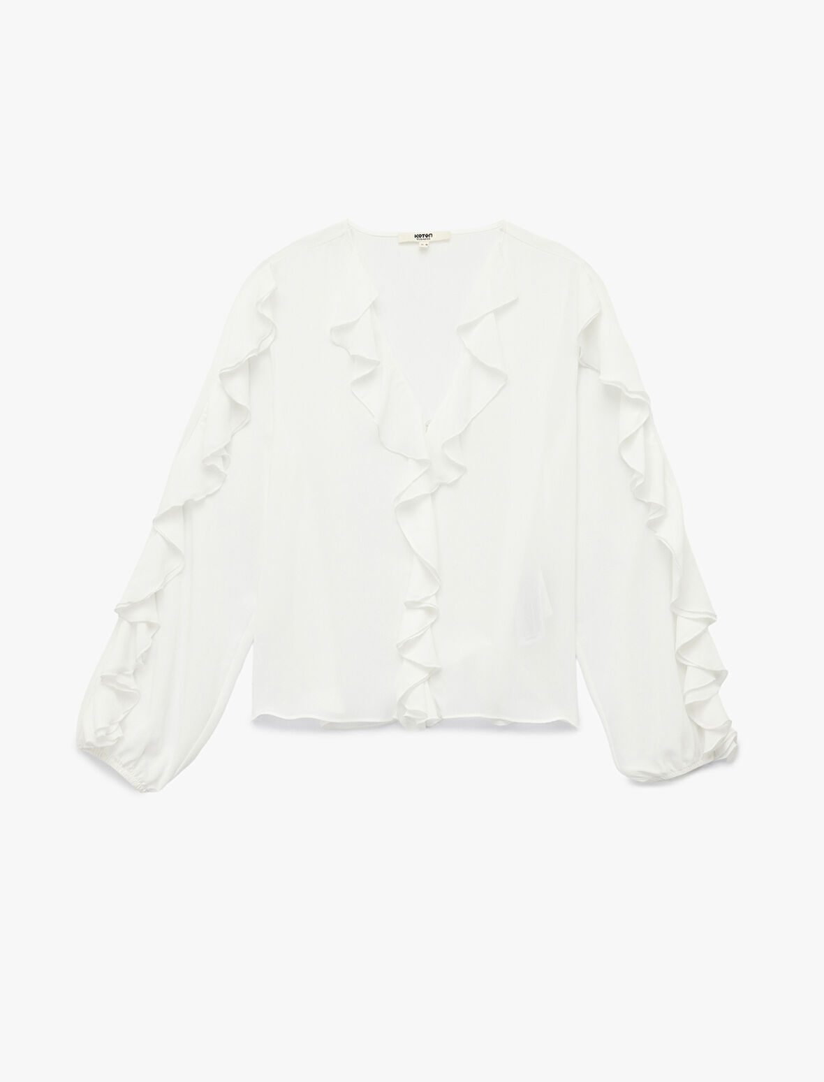 Krep Kumaş V Yaka Uzun Kollu Fırfırlı Bluz