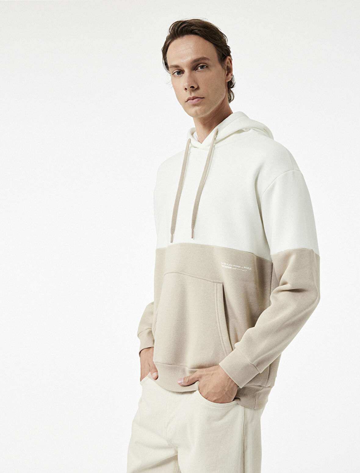 Kapşonlu Renk Bloklu Pamuklu Şardonlu Oversize Kanguru Cepli Sweatshirt