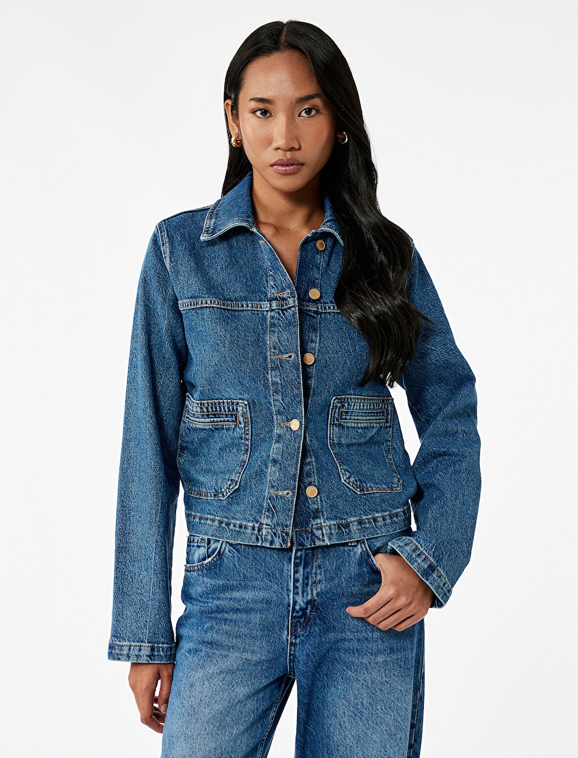 Uzun Kollu Düğmeli Klasik Yaka Denim Ceket