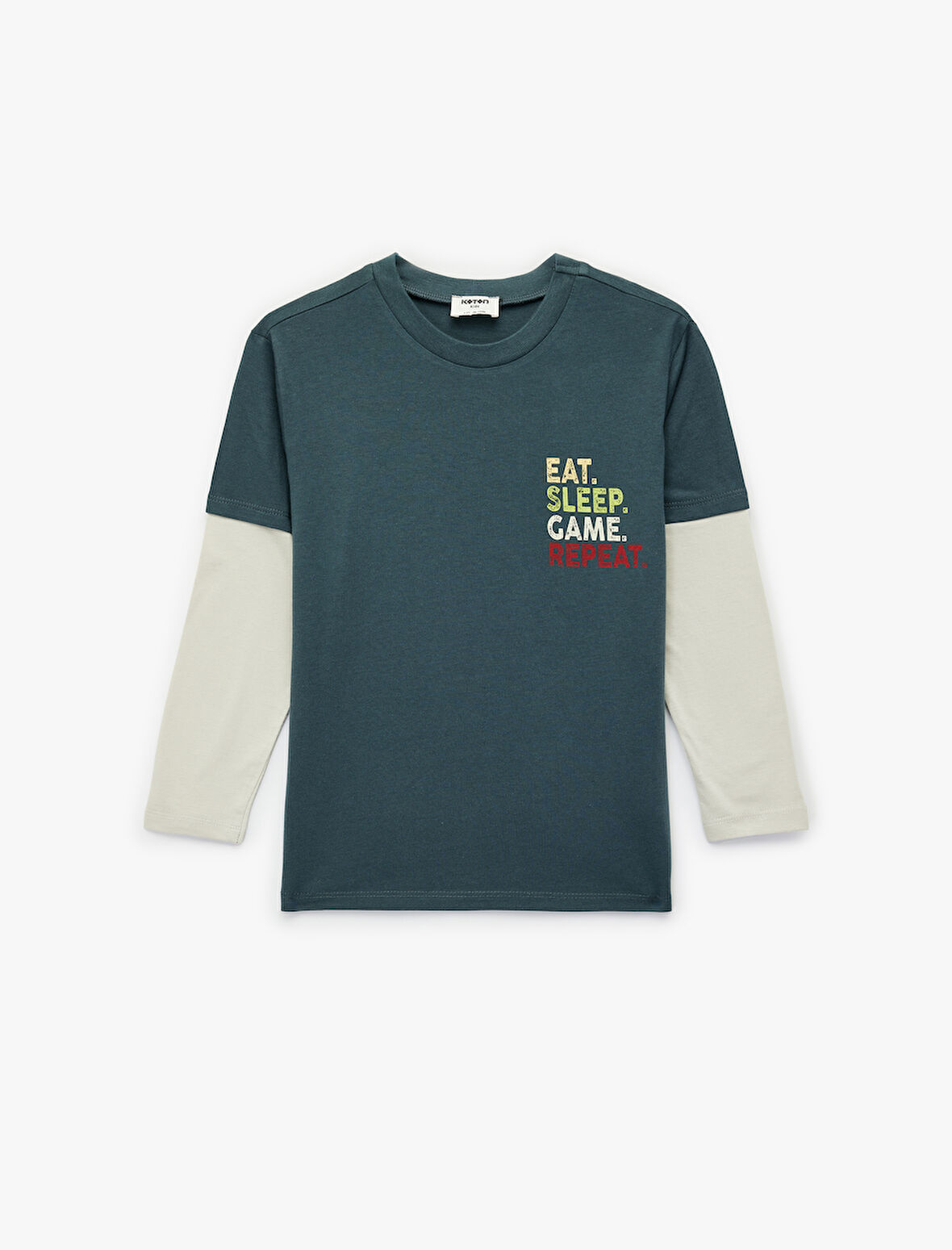 Pamuklu Uzun Çıkma Kollu Renk Kontrastlı Bisiklet Yaka Baskılı Tişört