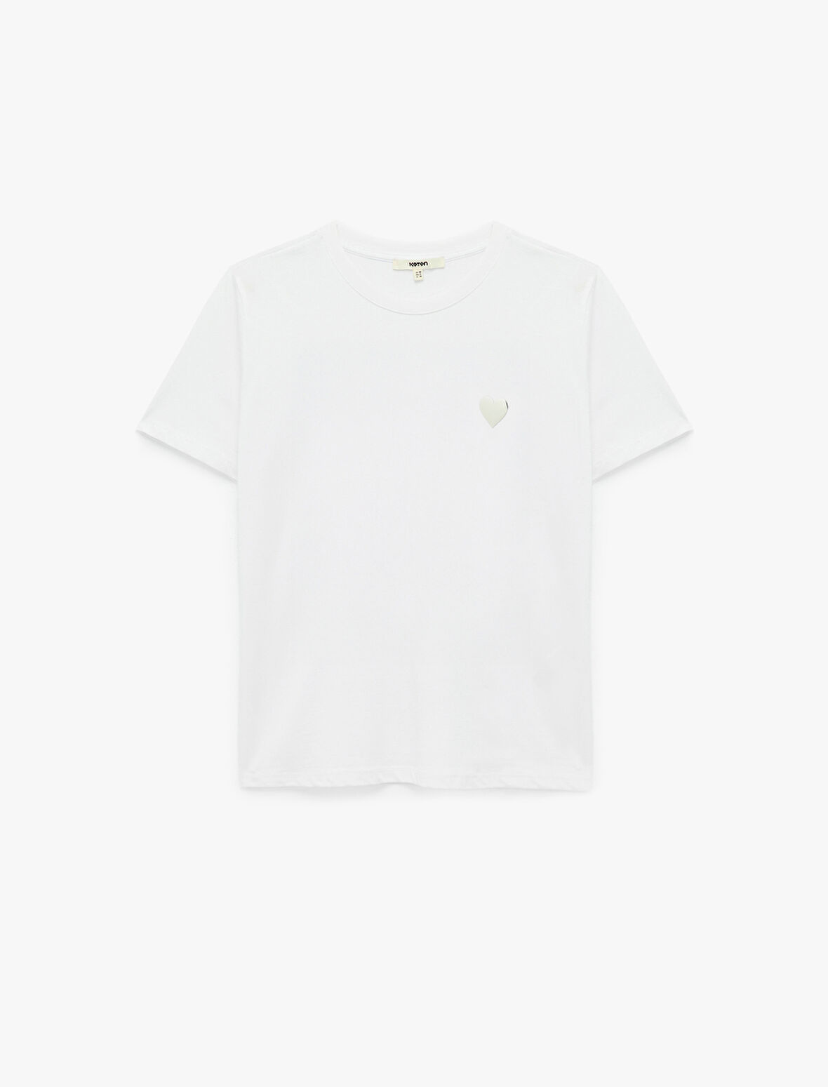 Pamuklu Kısa Kollu Bisiklet Yaka Kalpli Varak Baskı Detaylı Tişört