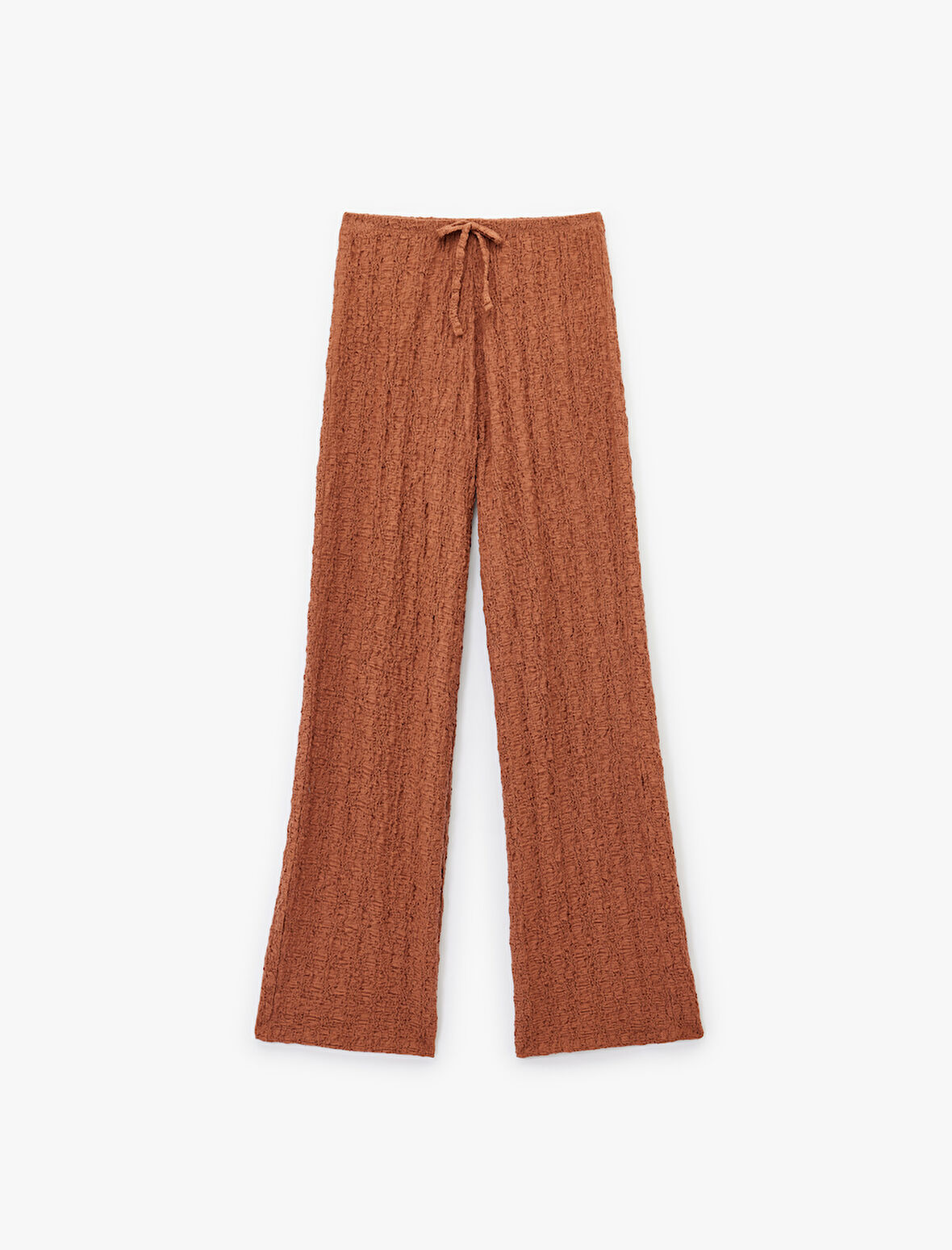 Beli Bağcıklı Dokulu Uzun Bol Paça Pantolon
