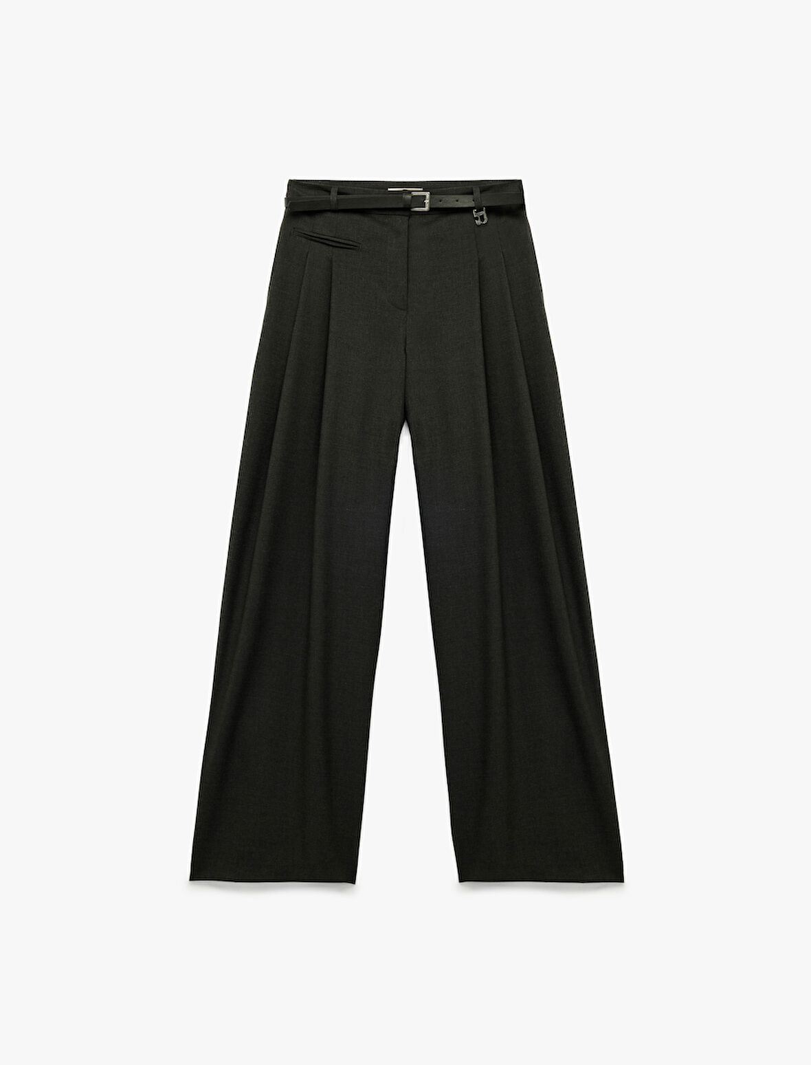 Pile Detaylı Kemerli Yüksek Bel Palazzo Pantolon