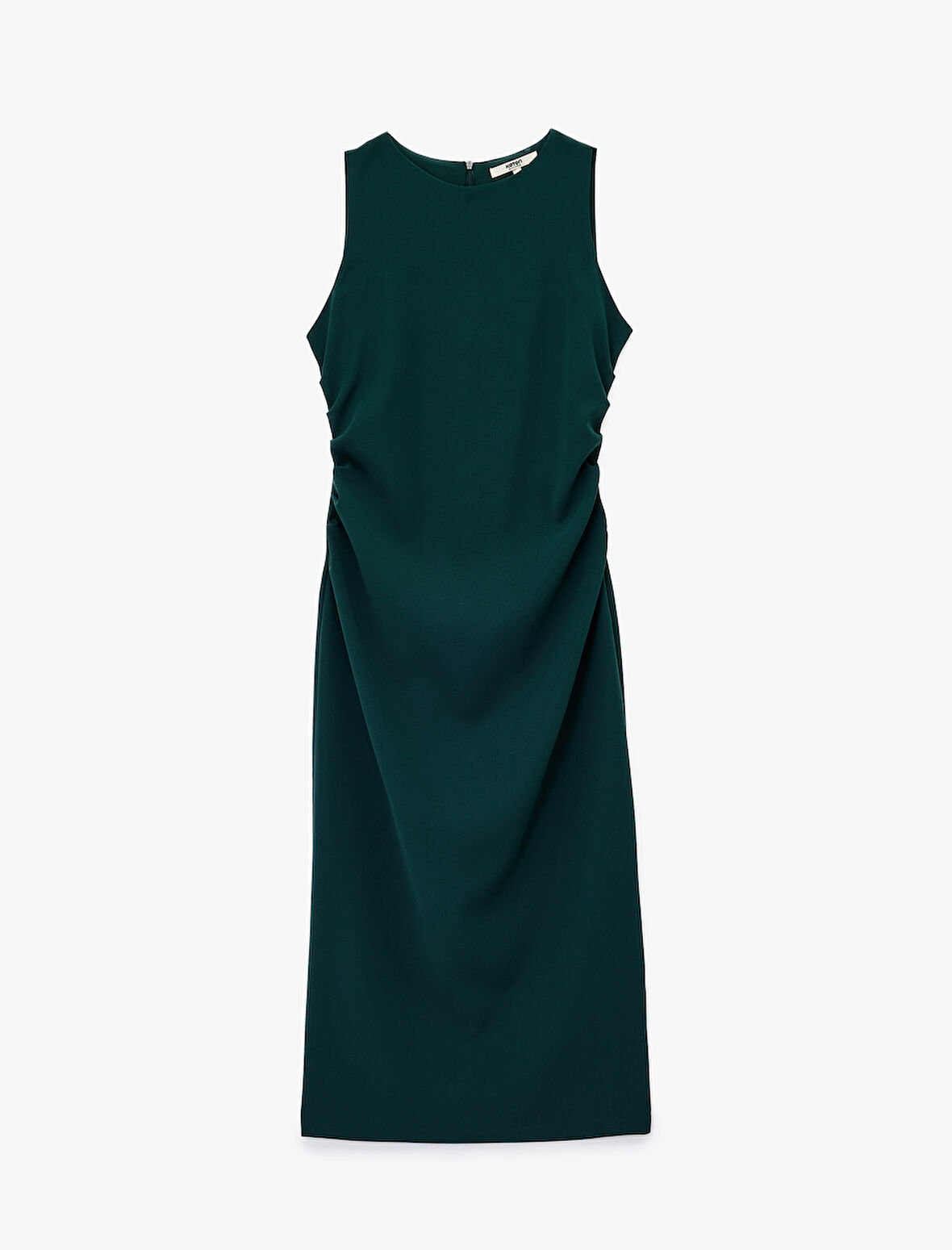 Krep Kumaş Drape Detaylı Yırtmaçlı Kolsuz Bisiklet Yaka Midi Kalem Elbise