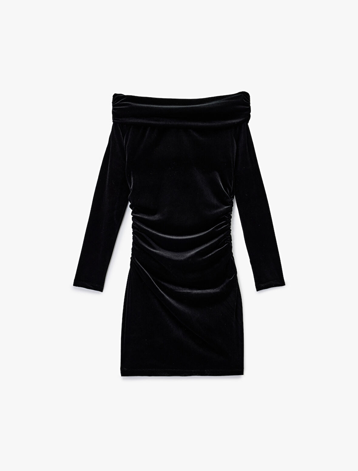 Slim Fit Uzun Kollu Omzu Açık Madonna Yaka Mini Kadife Elbise