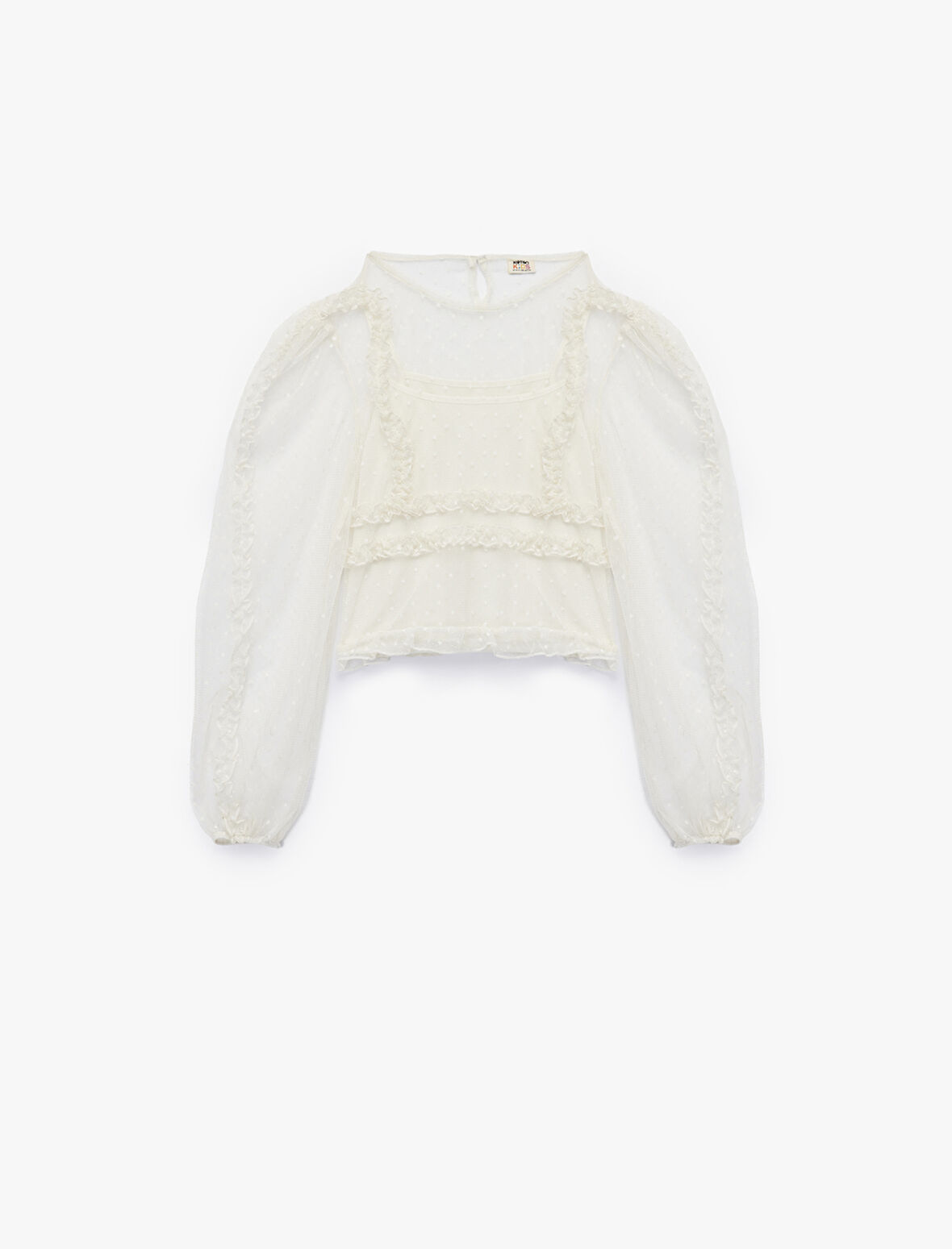 Fırfır Detaylı Bisiklet Yaka Balon Kollu Tül Detaylı Uzun Kollu Bluz