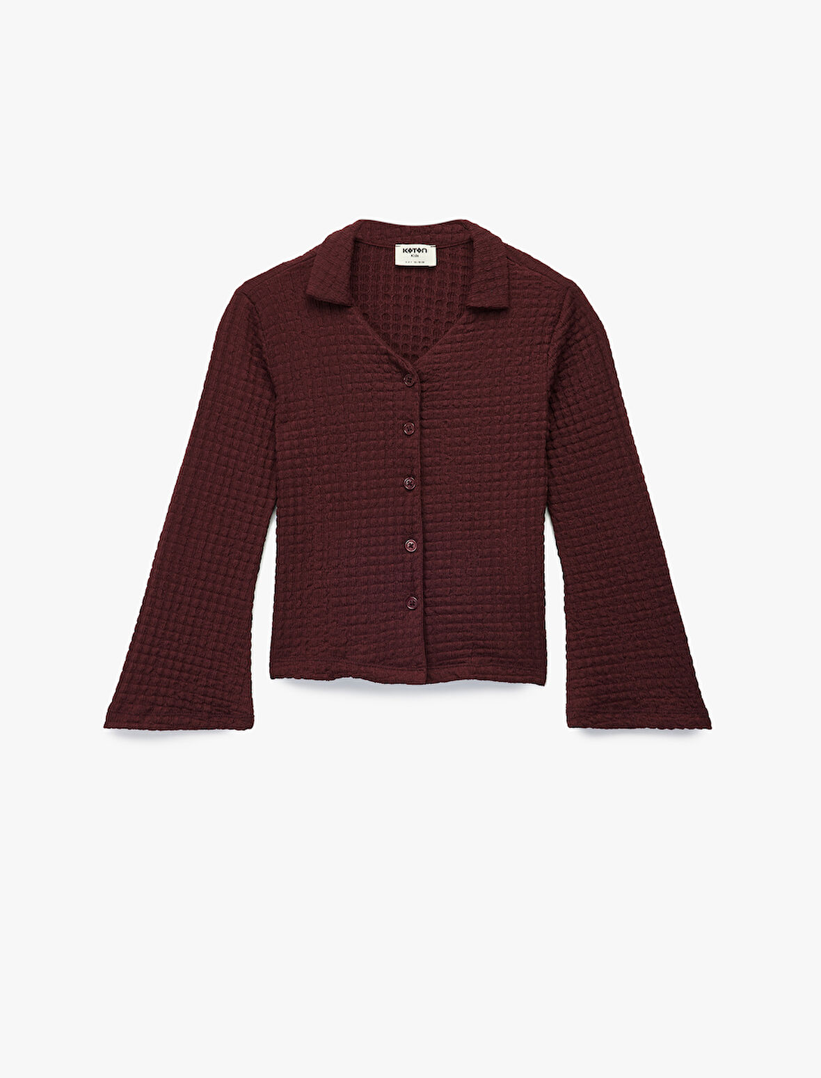 Düğme Detaylı Dokulu Gömlek Yaka Uzun Kollu Bluz