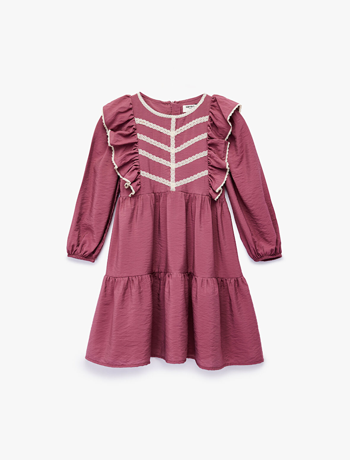 Uzun Kollu Bisiklet Yaka Volanlı Viskon Elbise