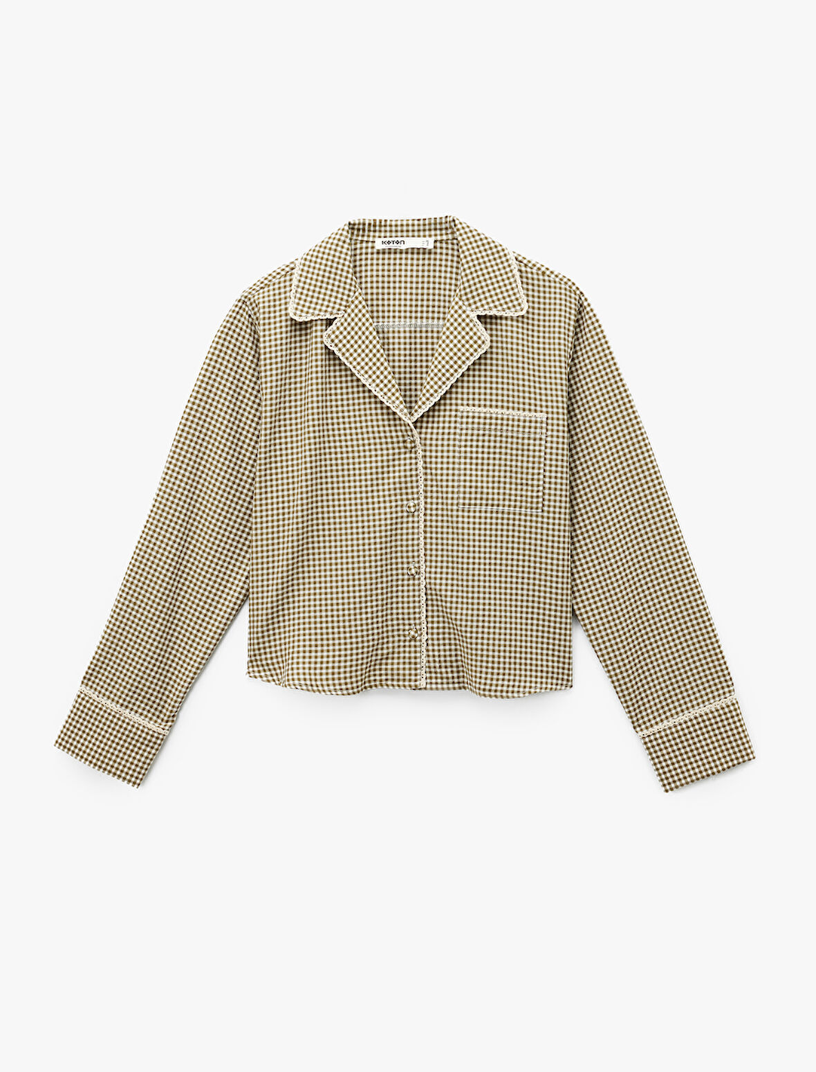 Rahat Kalıp Uzun Kollu Gömlek Yaka Crop Pijama Üstü