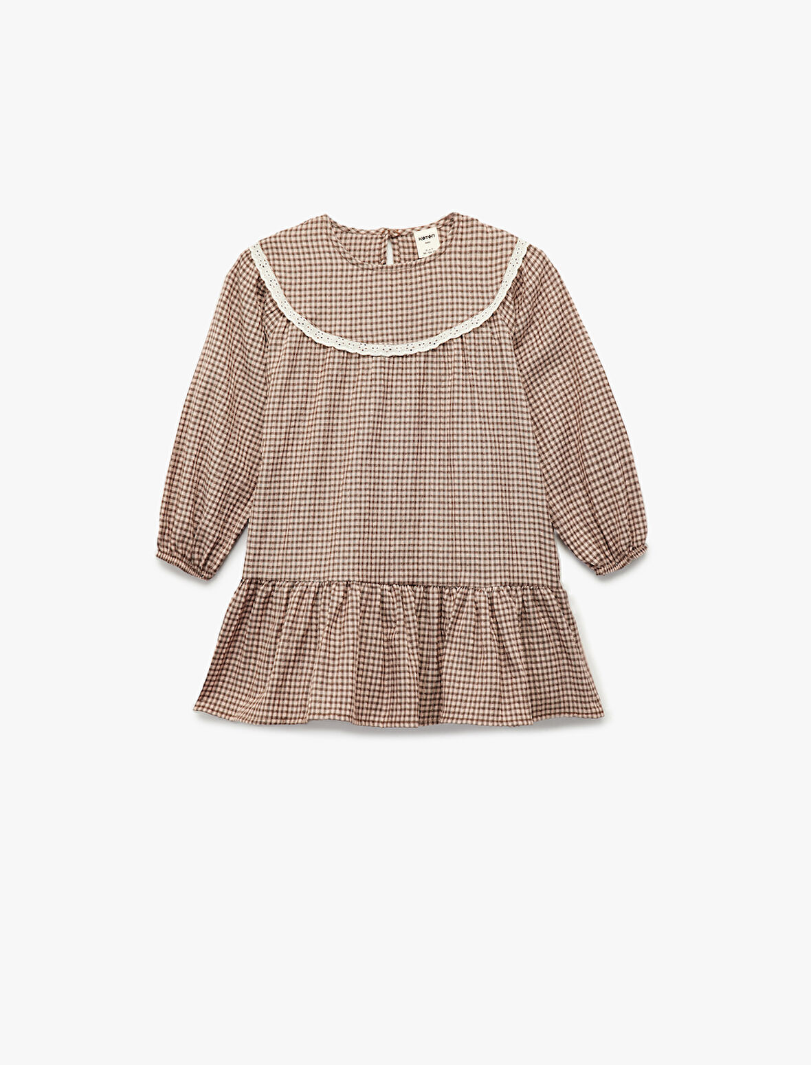 Uzun Kollu Bisiklet Yaka Pileli Pöti Kareli Elbise