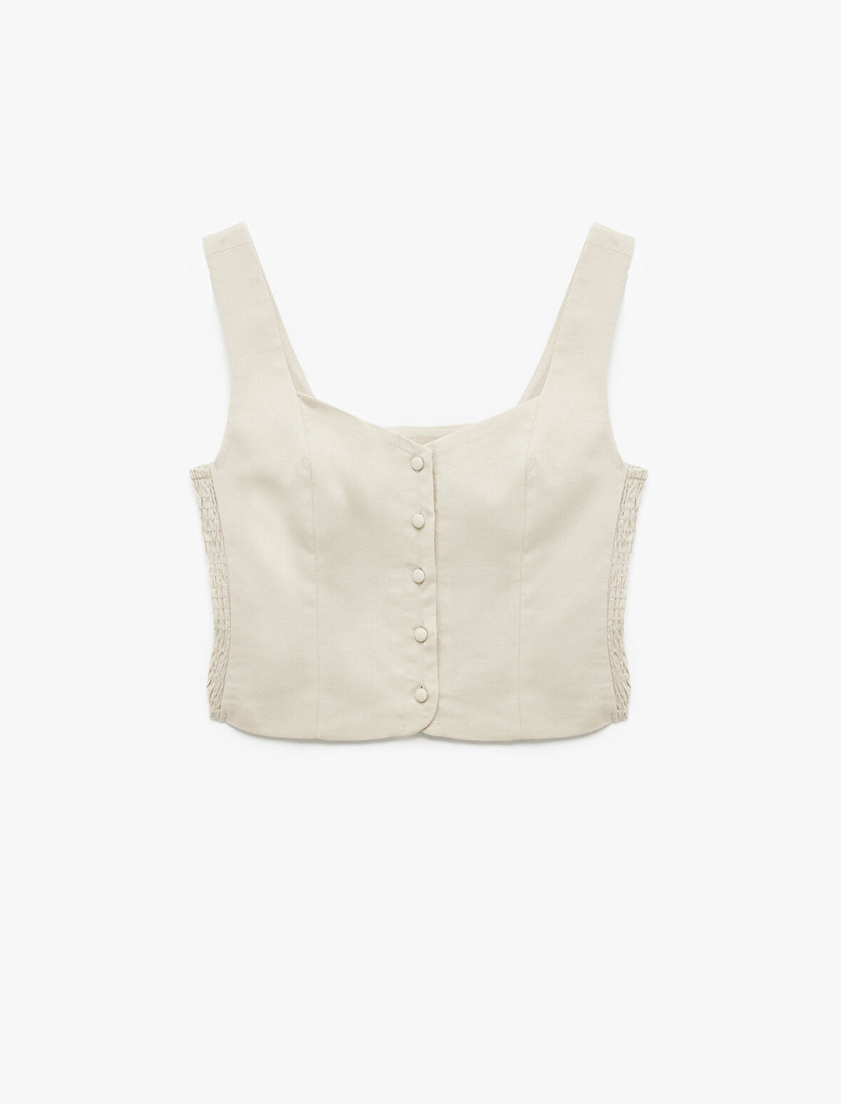 Gipeli Kare Yaka Düğmeli Kalın Askılı Keten Crop Bluz