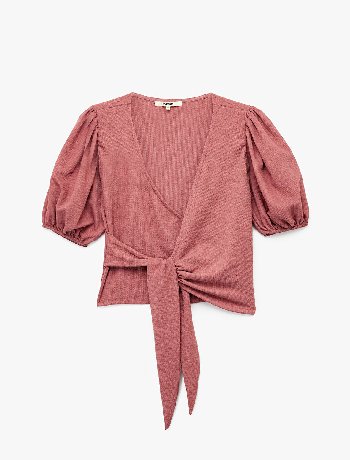 Bürümcük Kumaş Önden Bağlama Detaylı Kısa Balon Kollu Kruvaze Tişört