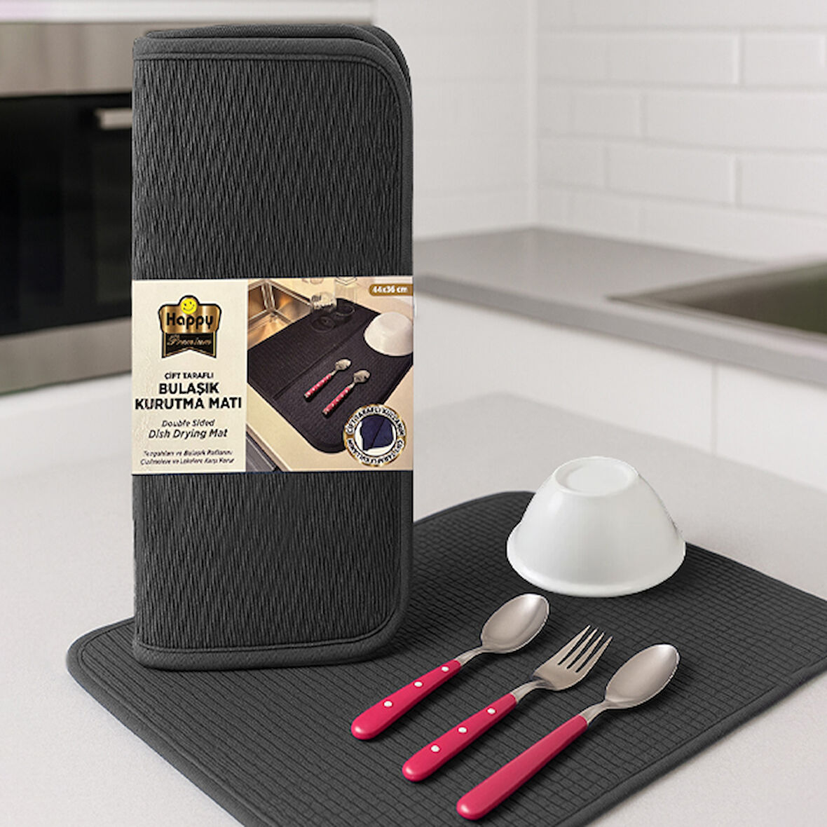 Happy Premium Çift Taraflı Bulaşık Kurutma Matı -Füme