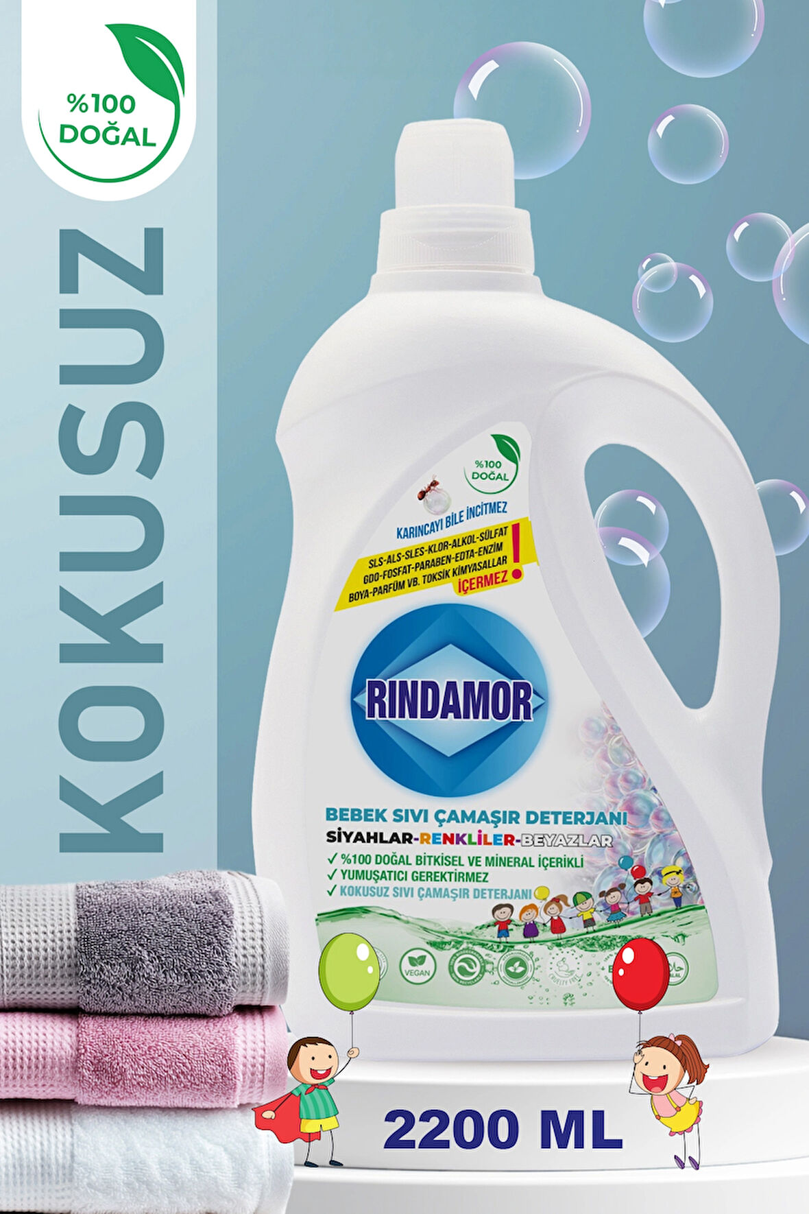 % 100 DOĞAL BİTKİSEL KOKUSUZ BEBEK SIVI ÇAMAŞIR DETERJANI-KENDİNDEN YUMUŞATICILI