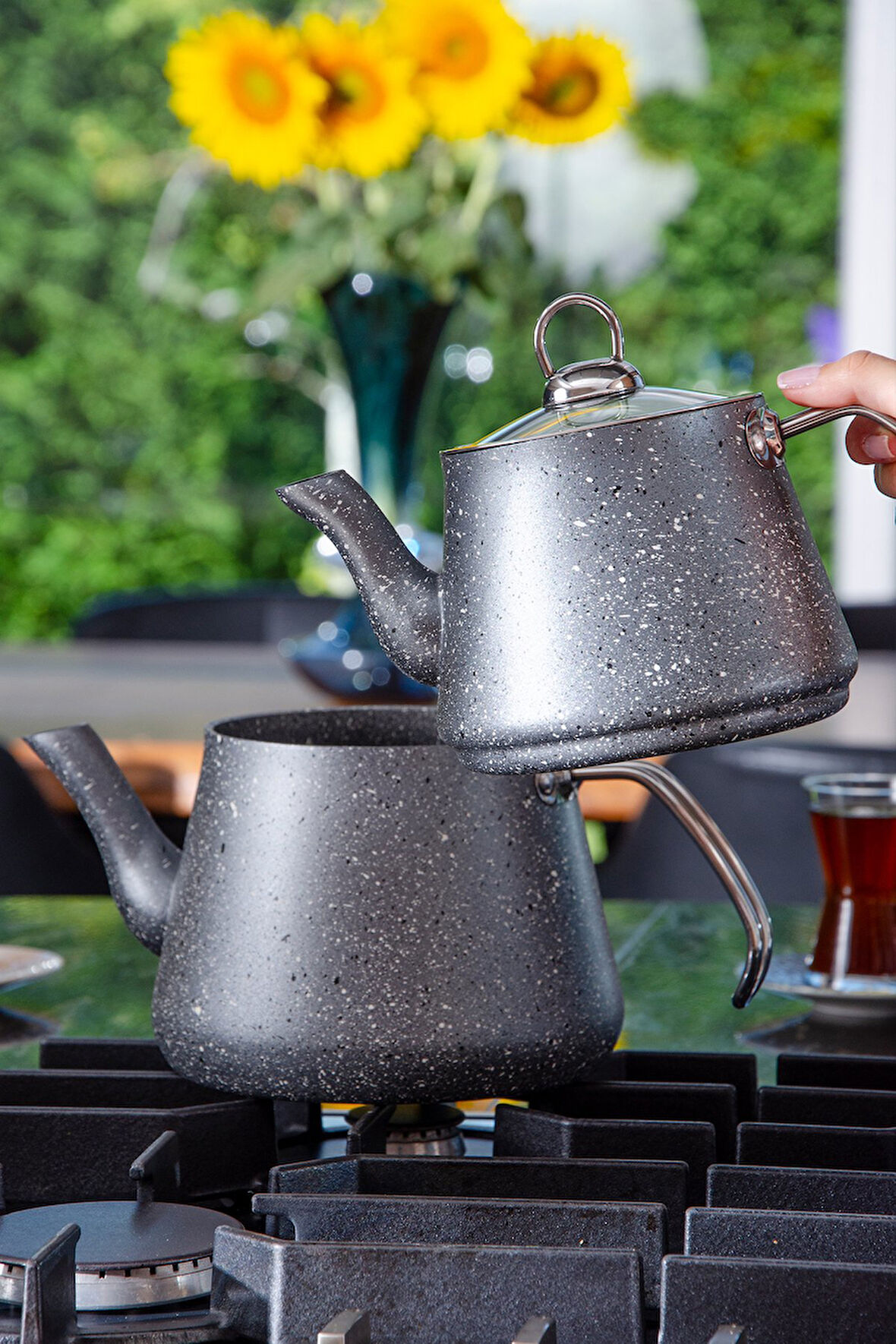 Bonjour Large Granit Kaplama Çaydanlık Takımı Gri