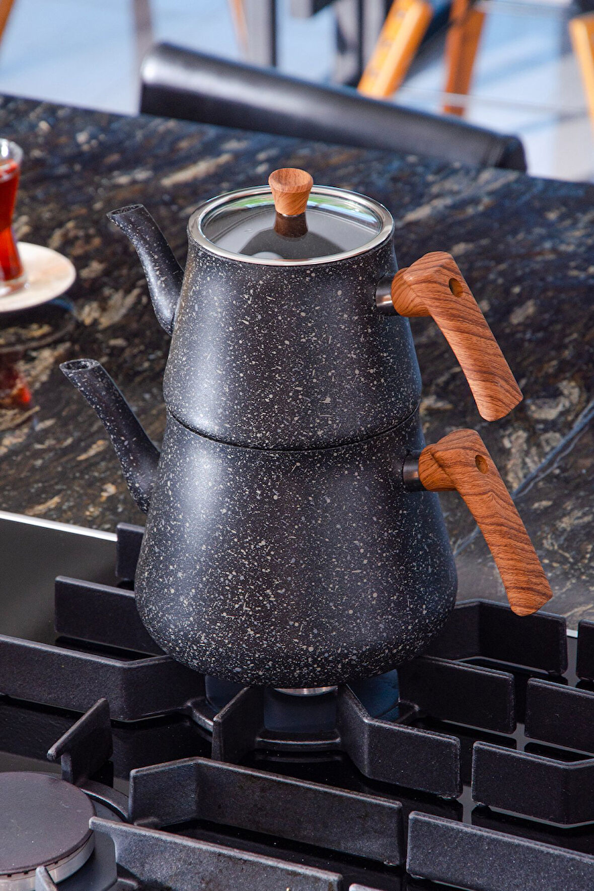 Bonjour Large Granit Kaplama Çaydanlık Takımı Siyah