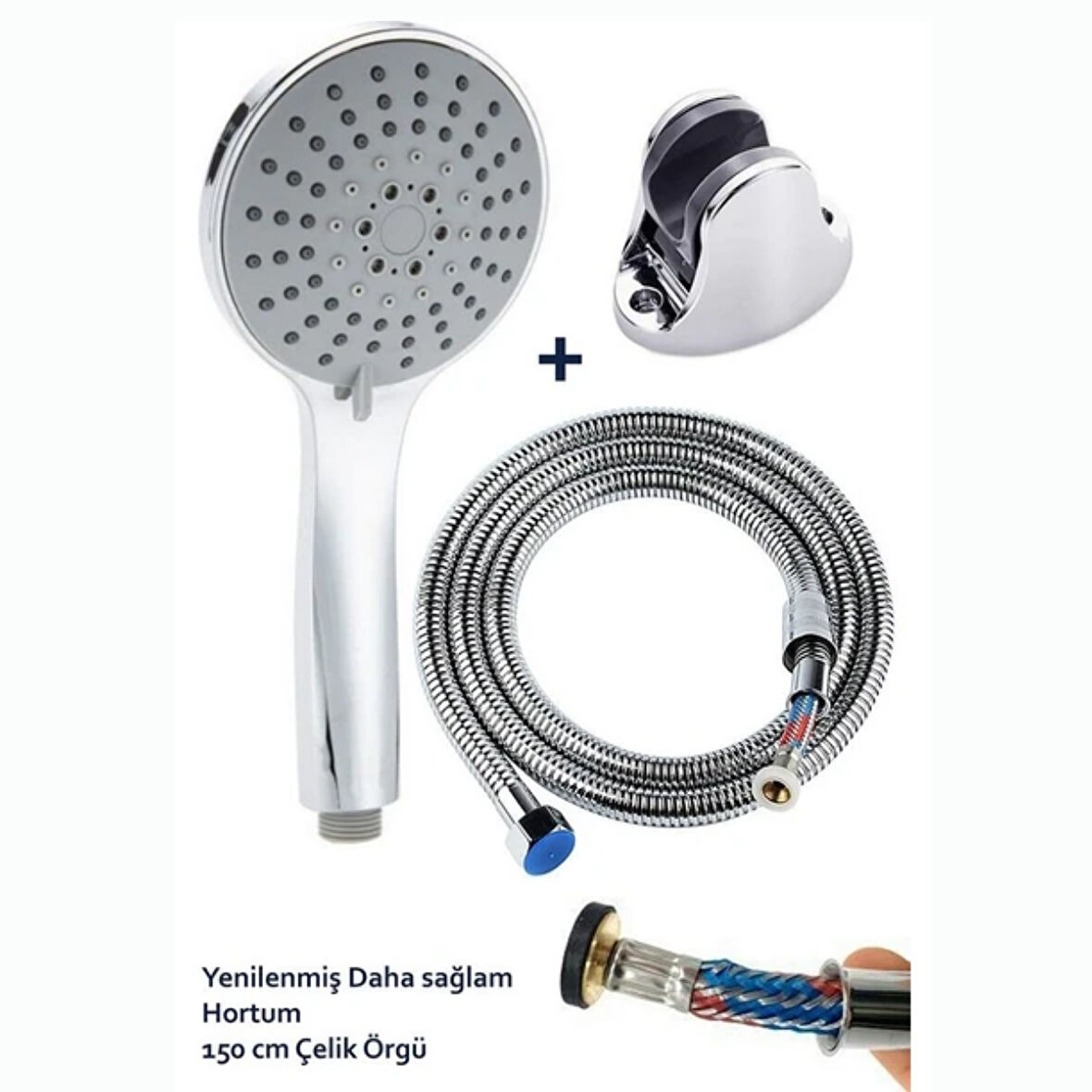 Mucit Home   5 Fonksiyonlu  Krom Duş Başlığı 150CM Örgülü Hortumlu Mafsallı Duş Seti