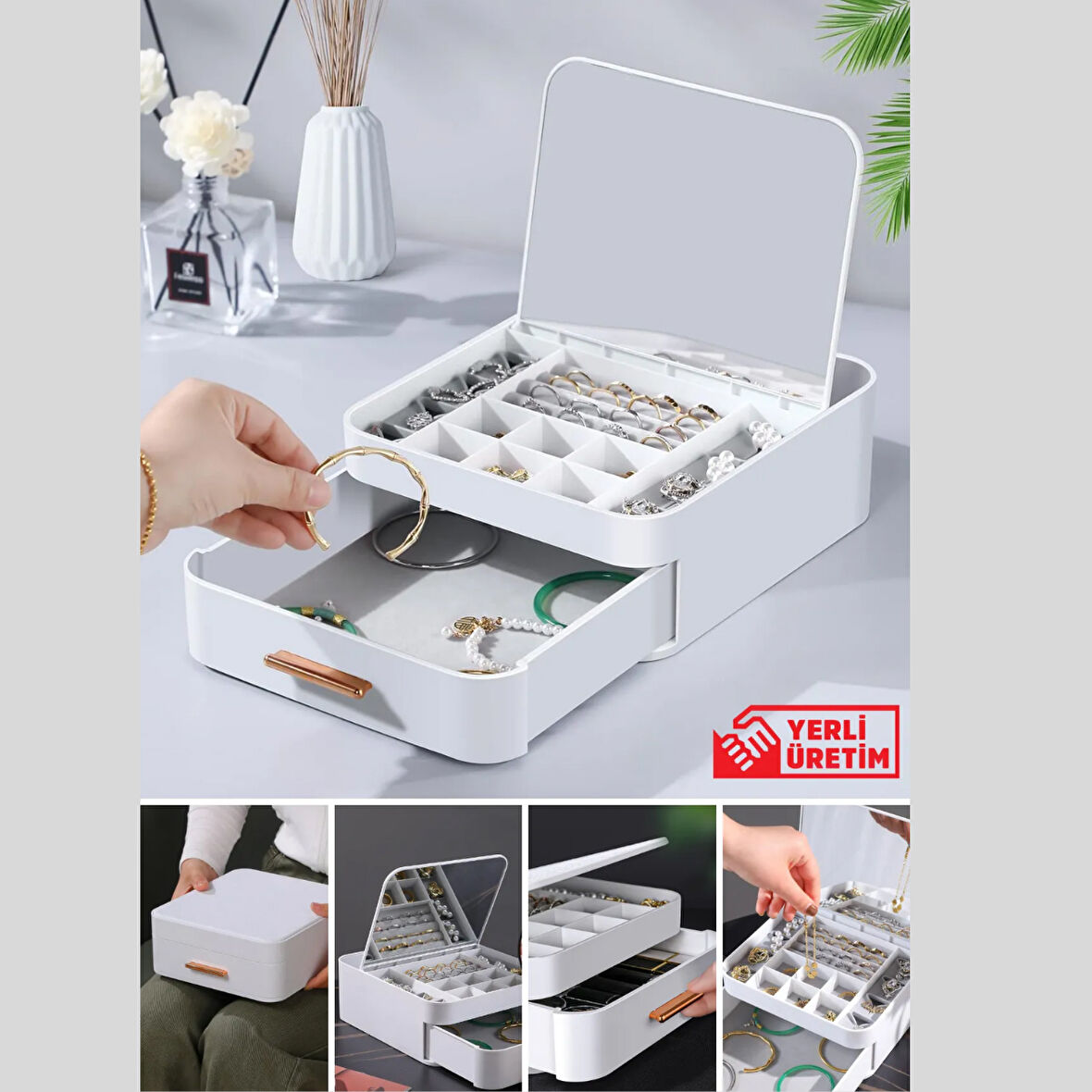 Mucit Home   Çekmeceli Aynalı Çok Bölmeli Makyaj Takı Organizer Krem