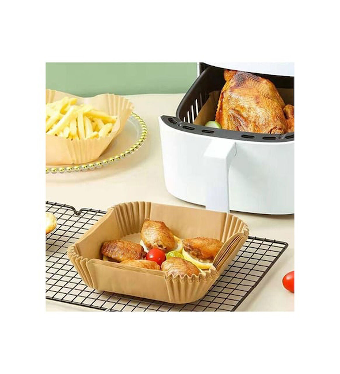 Mucit Home Air Fryer Tek Kullanımlık Hava Fritöz Yağ Geçirmez Yapışmaz Gıda Pişirme Kağıdı 50 adet xxl