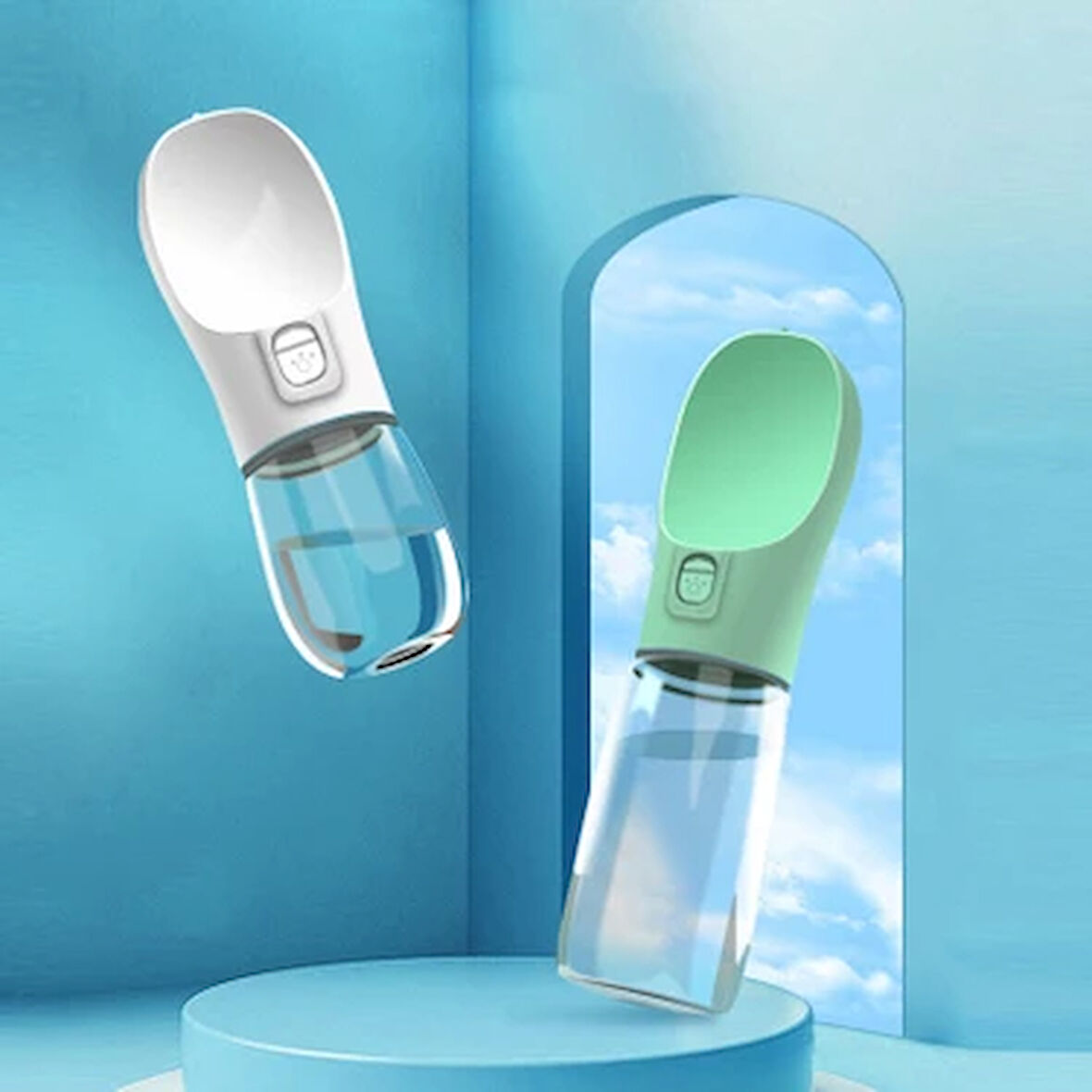 Mucit Home Taşınabilir Kedi Köpek Suluğu Seyahat Su Şişesi Kaseli Emniyetli Sızdırmaz Kutulu