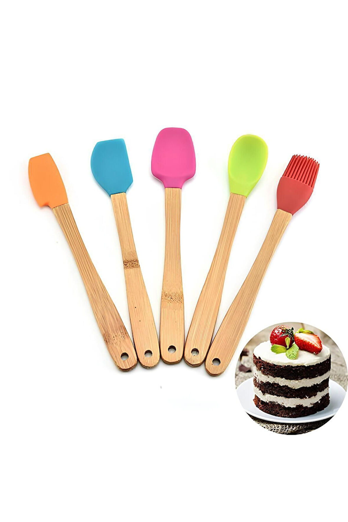 Mucit Home 5'li Renkli Bambu Saplı Silikon Uçlu Spatula Fırçalı Kaşık Seti