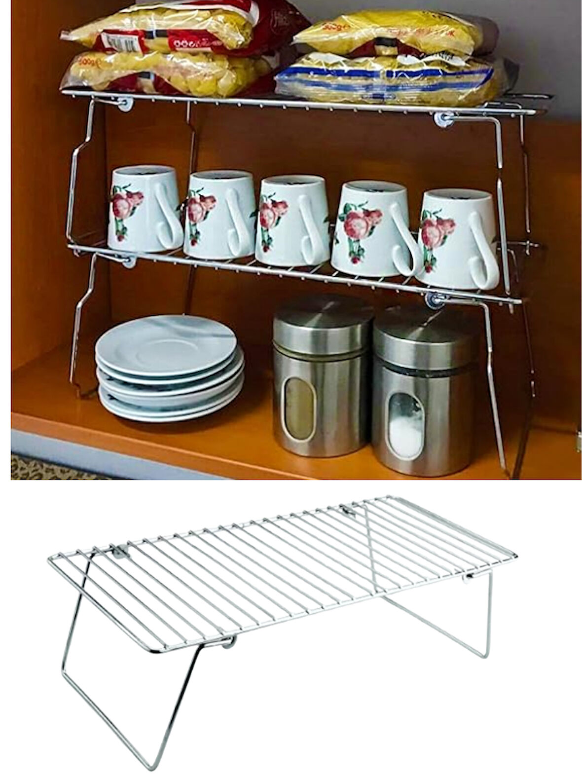 Mucit Home Ayaklı Metal Dolap İçi Tezgah Üstü Kavanoz Kupa Bardak Tel Rafı-Krom