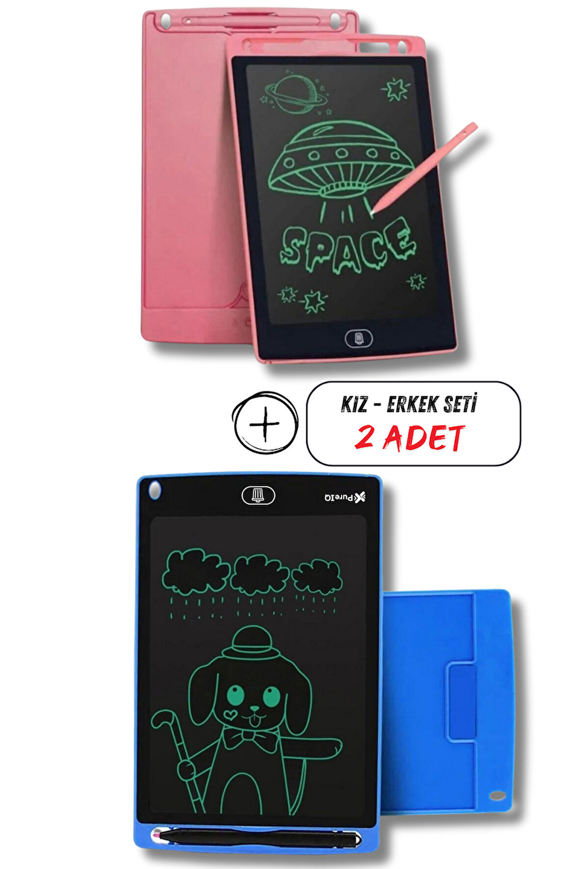 Mucit Home Kız Çocuk Pembe Tablet + Erkek Çocuk Mavi Tablet 2 ADET Digital Çocuk Yazı Çizim Tableti Lcd 8.5 Inc