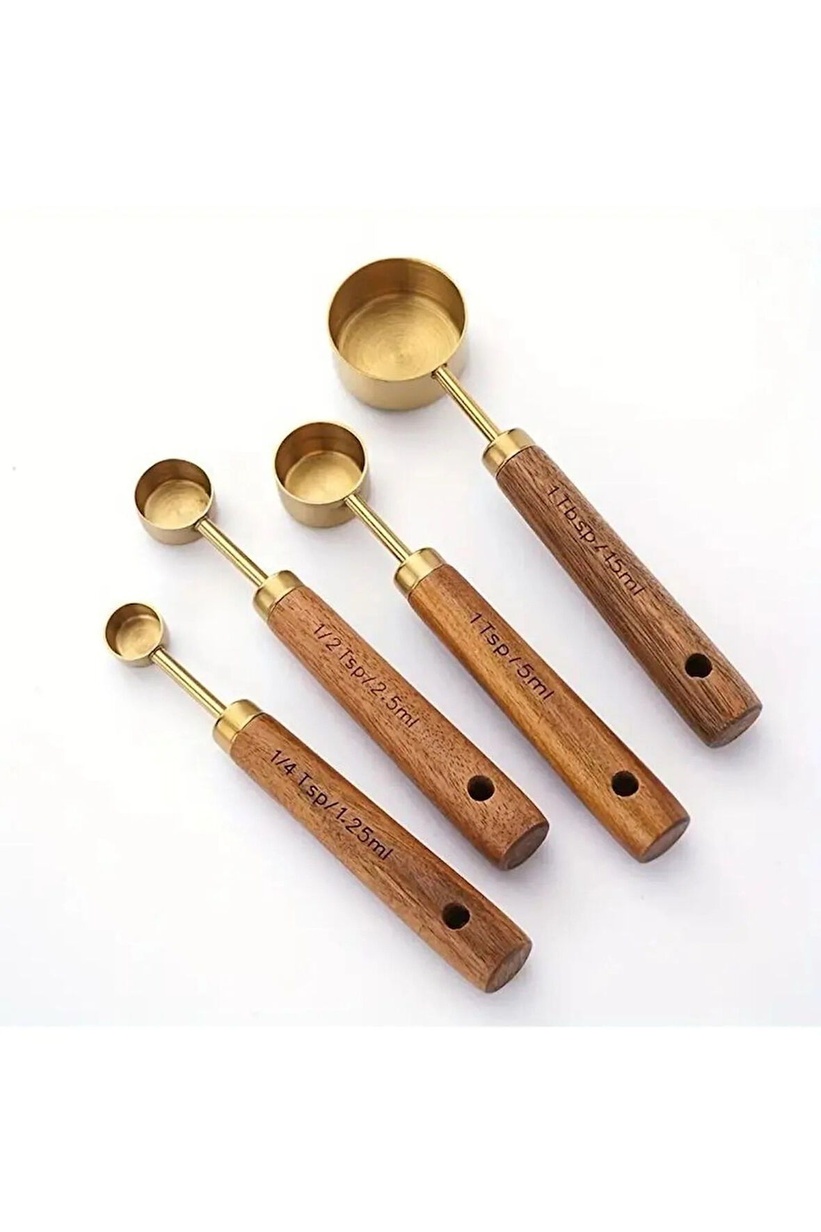 Mucit Home 4 Adet Gold Paslanmaz Çelik Ahşap Saplı Ölçü Kaşığı Seti Ölçü Kabı
