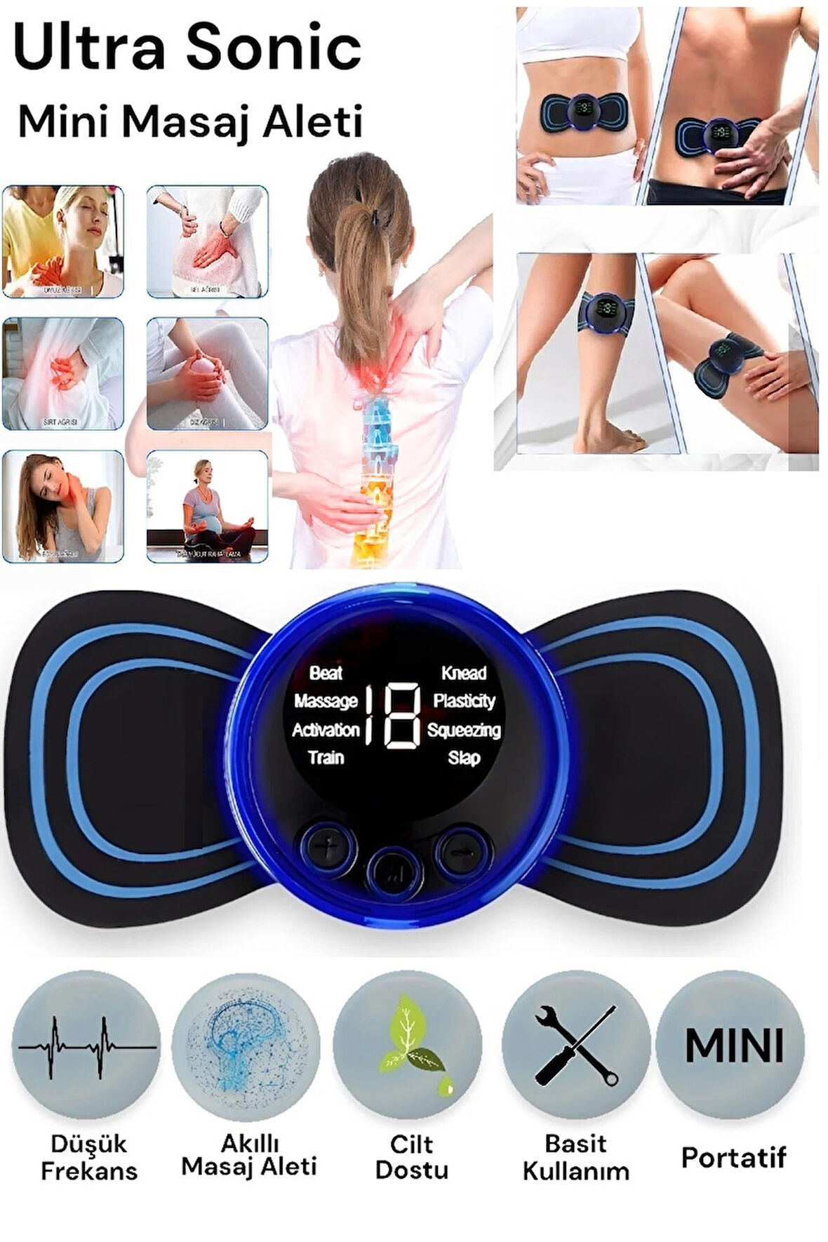 Mucit Home 8 Modlu Mini Şarjlı Kelebek LCD Ekran Ems Boyun Omuz Kol Sırt Elektrikli Masaj Bantı Kas Stimülatörü