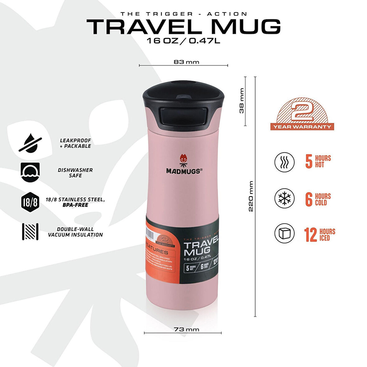 MADMUGS TM-TA-005 Travel Mug Termos Bardak 0,47lt-Pembe