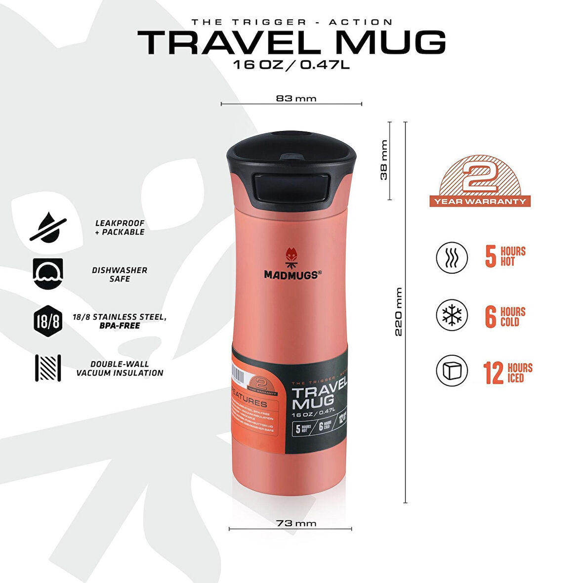 MADMUGS TM-TA-004 Travel Mug Termos Bardak 0,47lt-Turuncu