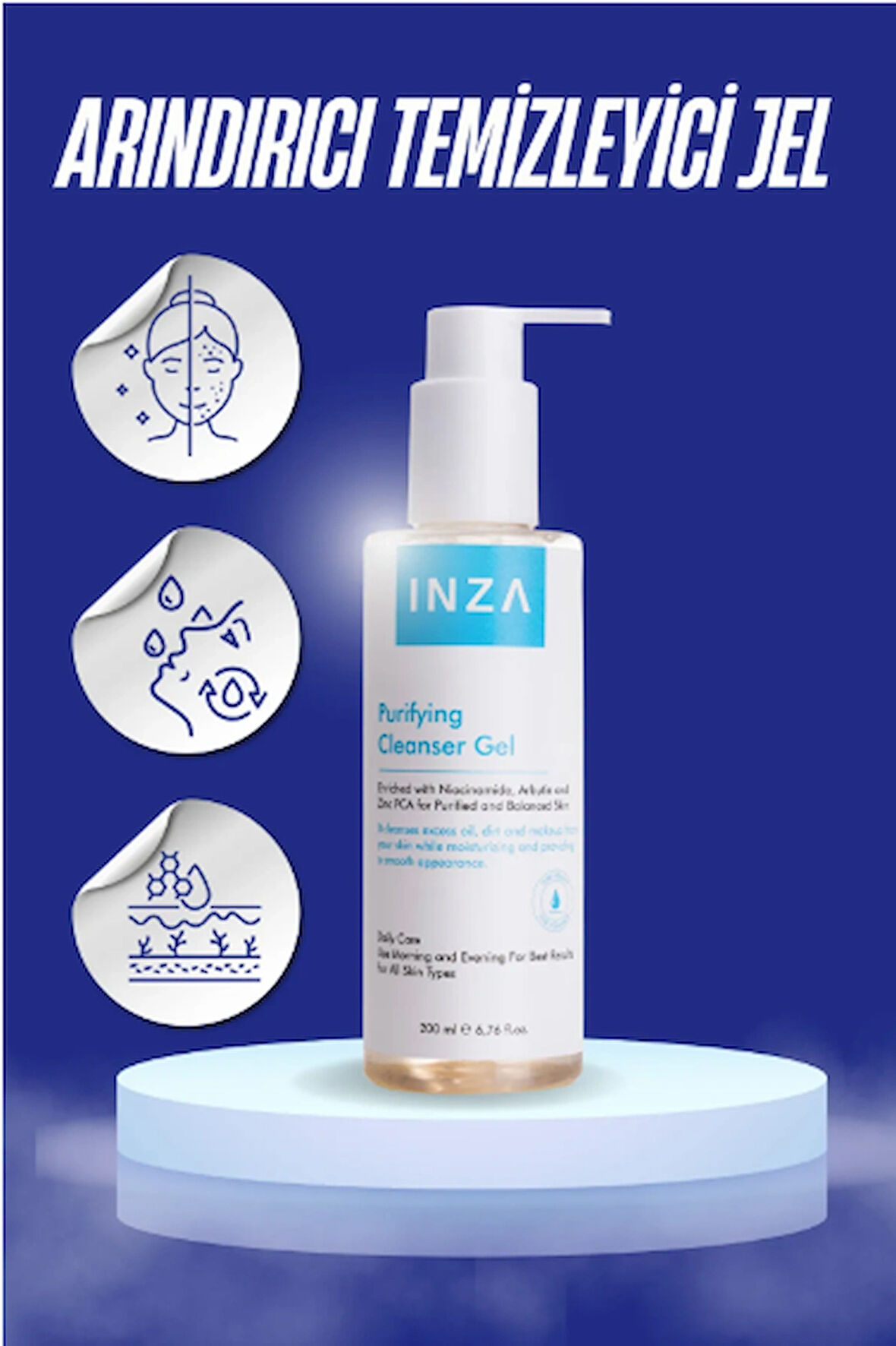 INZA Arındırıcı Temizleyici Jel 200 ml – Niacinamide + Arbutin – Yağ Dengesi & Gözenek Temizleyici