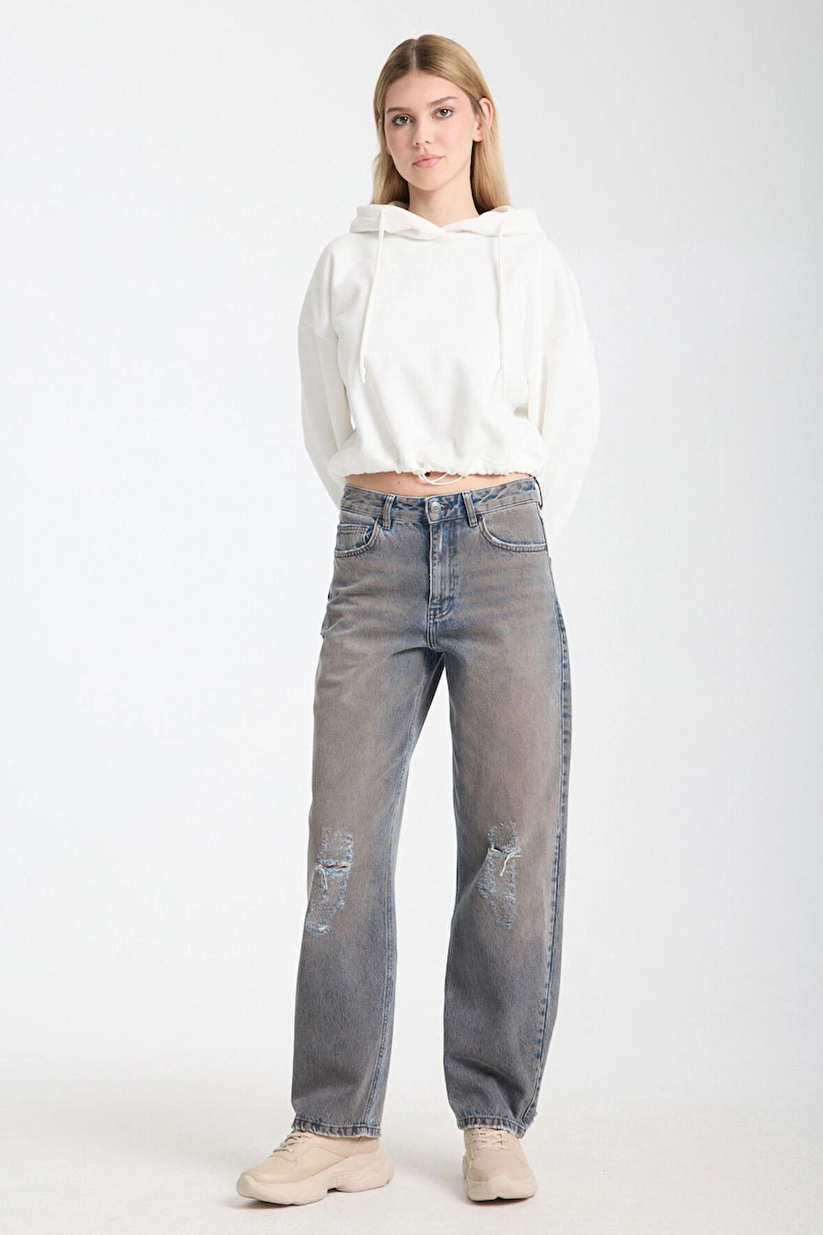Alice 1001 NORMAL BEL TİNTLİ FULL ESKİTME MAVİ BAGGY JEANS KADIN