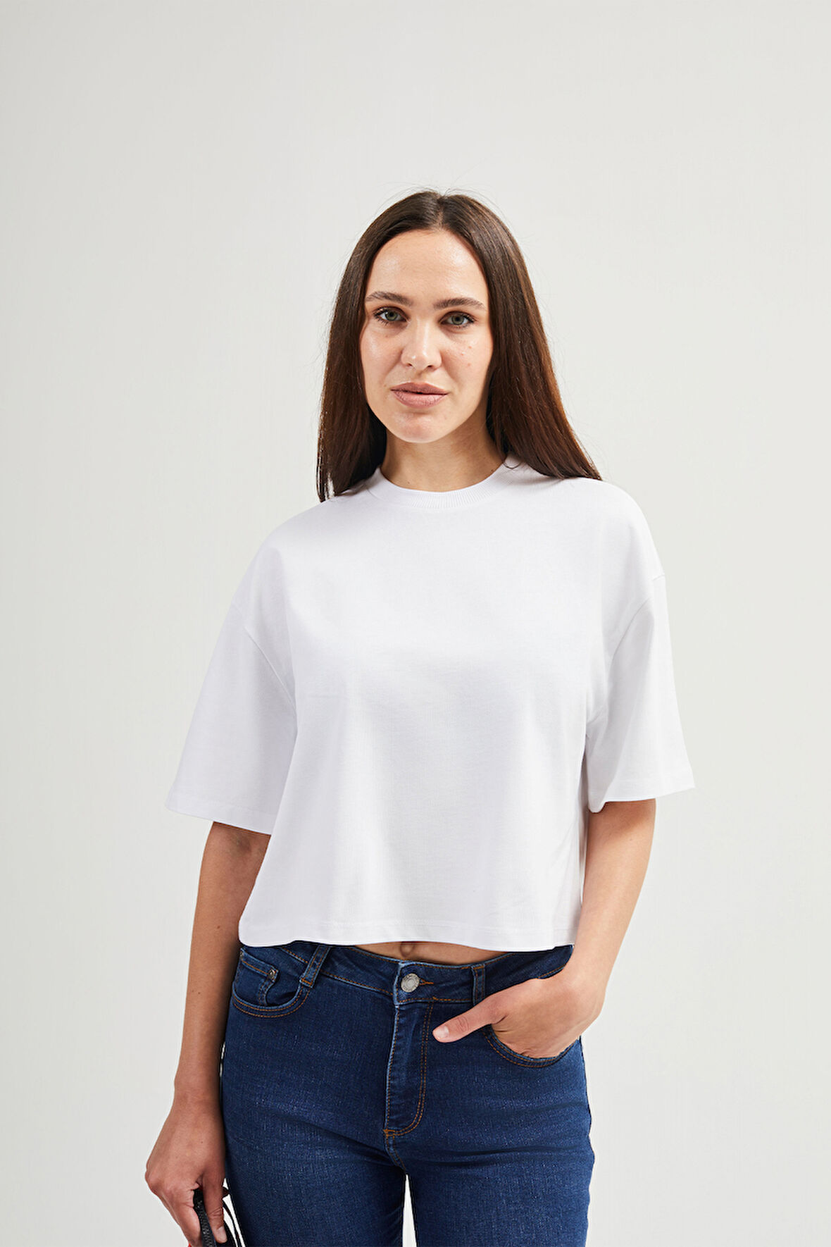 Lucia 82001 Oversize Crop Beyaz Kadın Basic T-Shirt