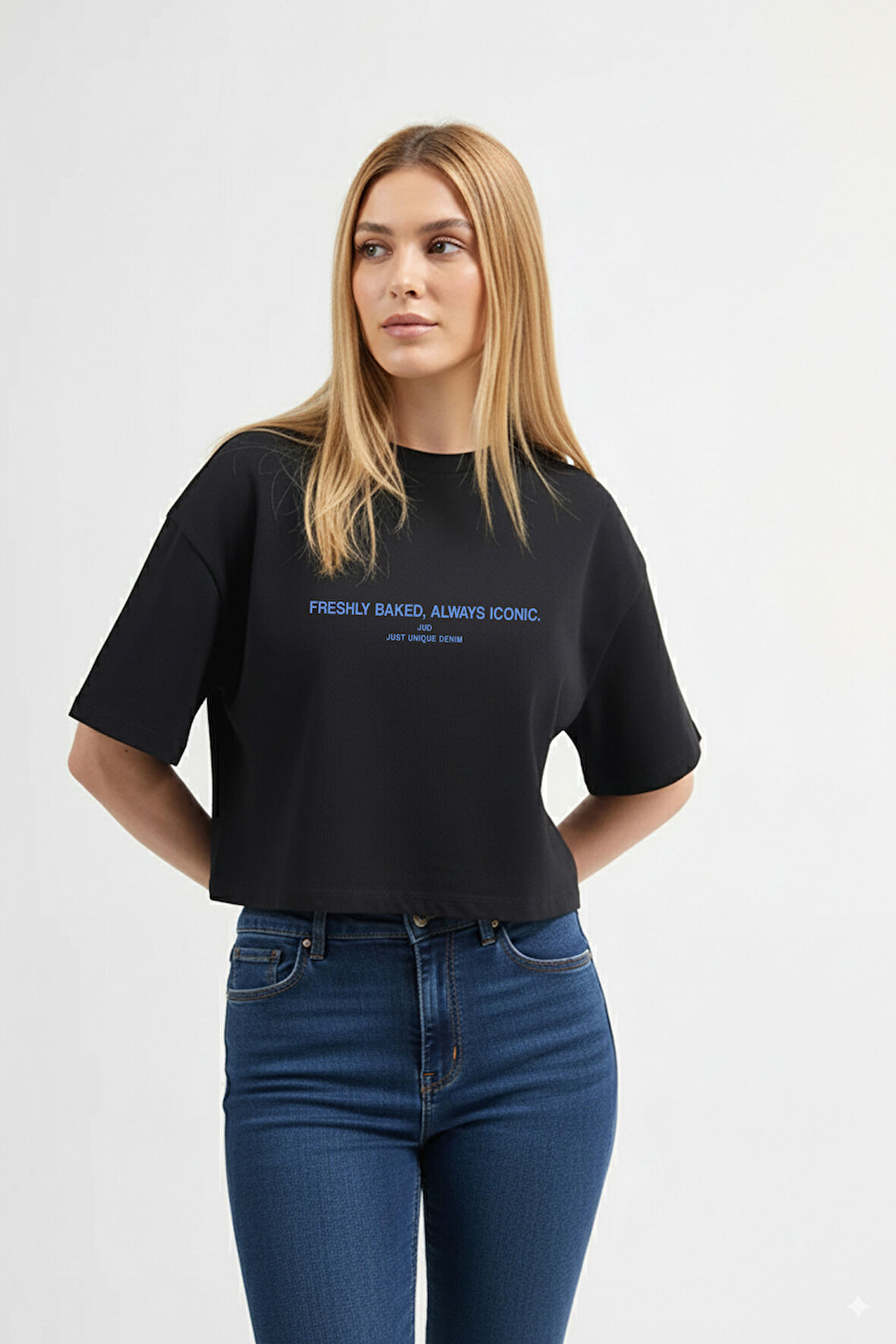 Amanda 82005 Oversize Crop Baskılı Siyah Kadın Basic T-Shirt