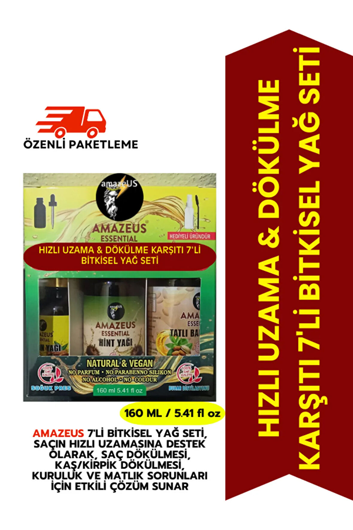 HIZLI UZAMA & DÖKÜLME KARŞITI 7'Lİ BİTKİSEL YAĞ SETİ (ARGAN, BİBERİYE, TATLI BADEM,HİNT,YLANG YLANG)