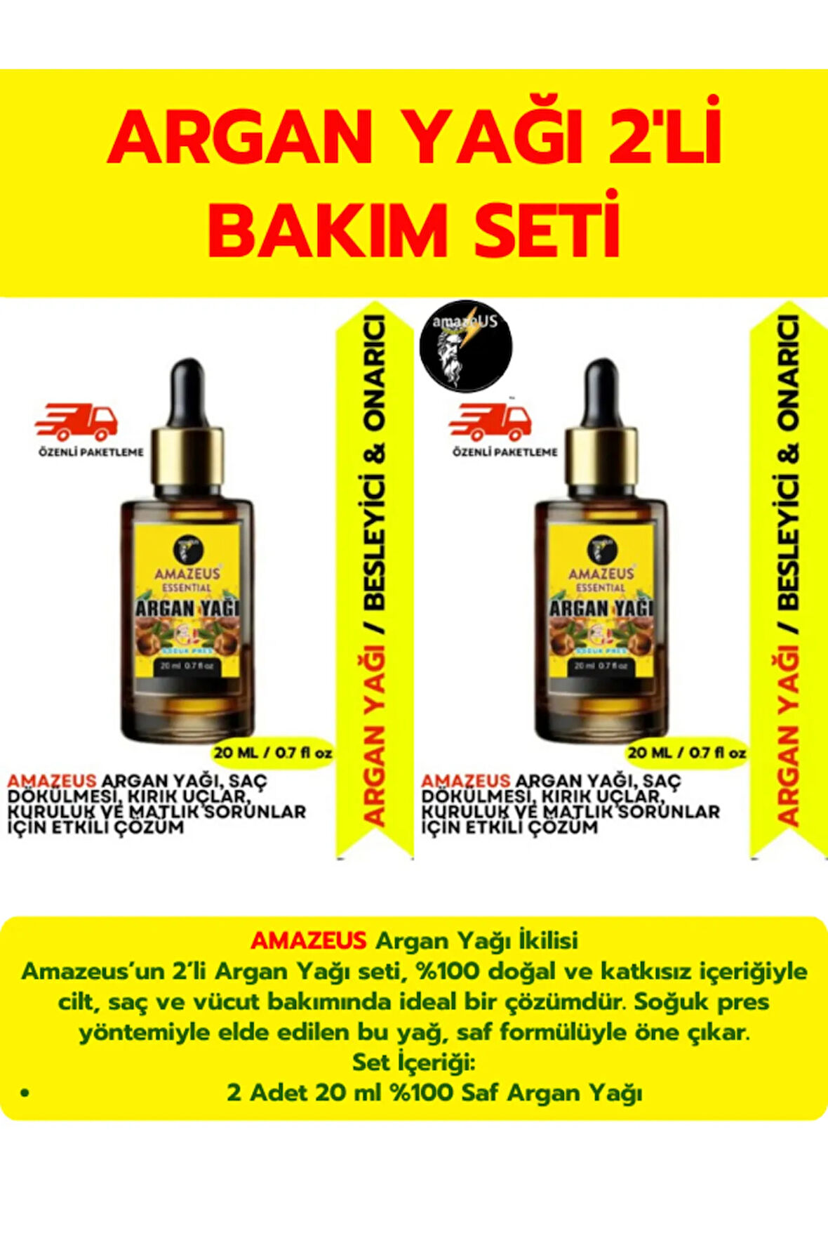 Argan Yağı 2'li (%100 SAF VE DOĞAL-SOĞUK PRES) Besleyici Etki 2x20 ml / 1.4 Fl Oz