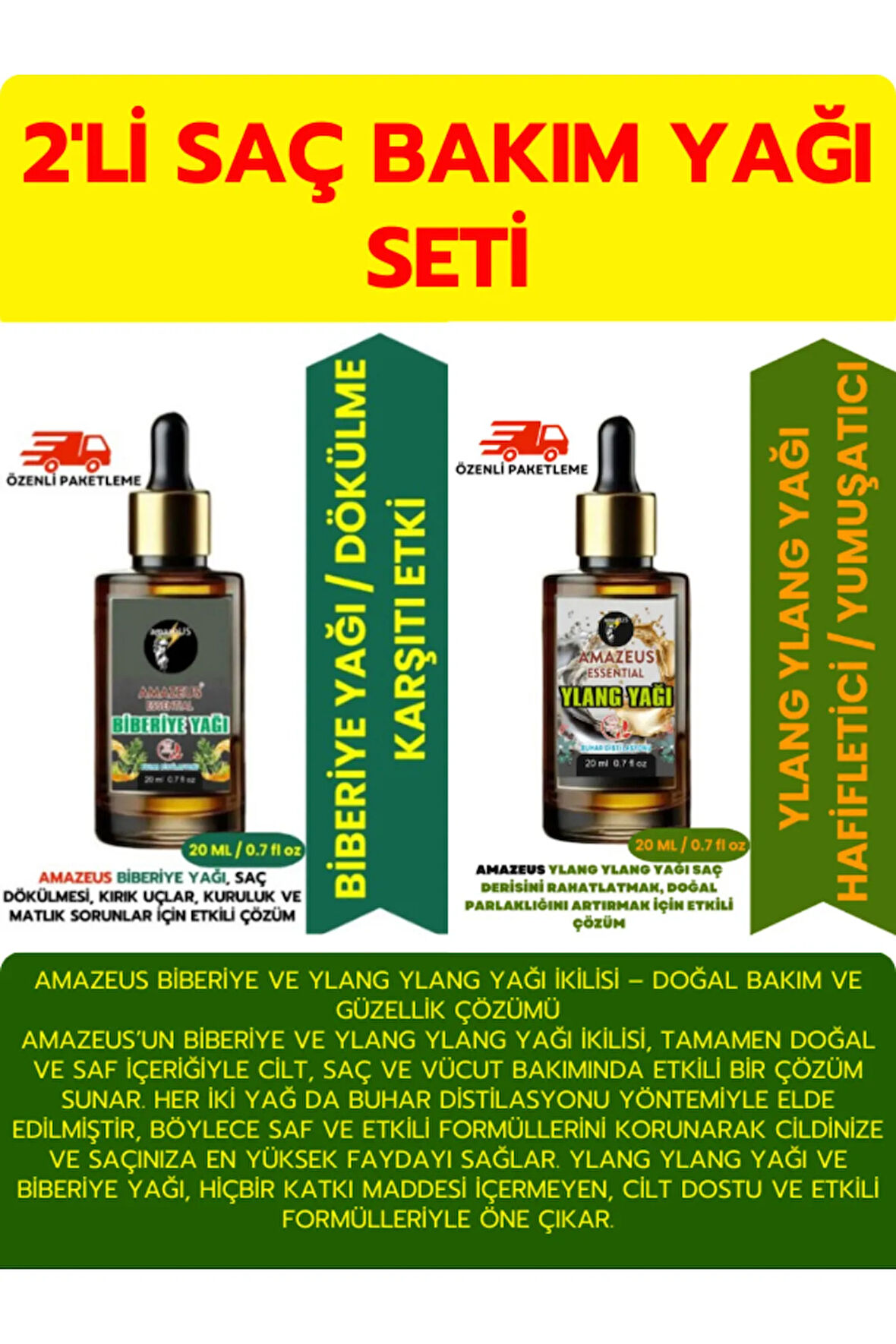 BİBERİYE YAĞI 20 ML, YLANG YAĞI 20 ML İKİLİSİ-%100 SAF VE DOĞAL UÇUCU YAĞLAR BAKIM SETİ (2X20 ML)