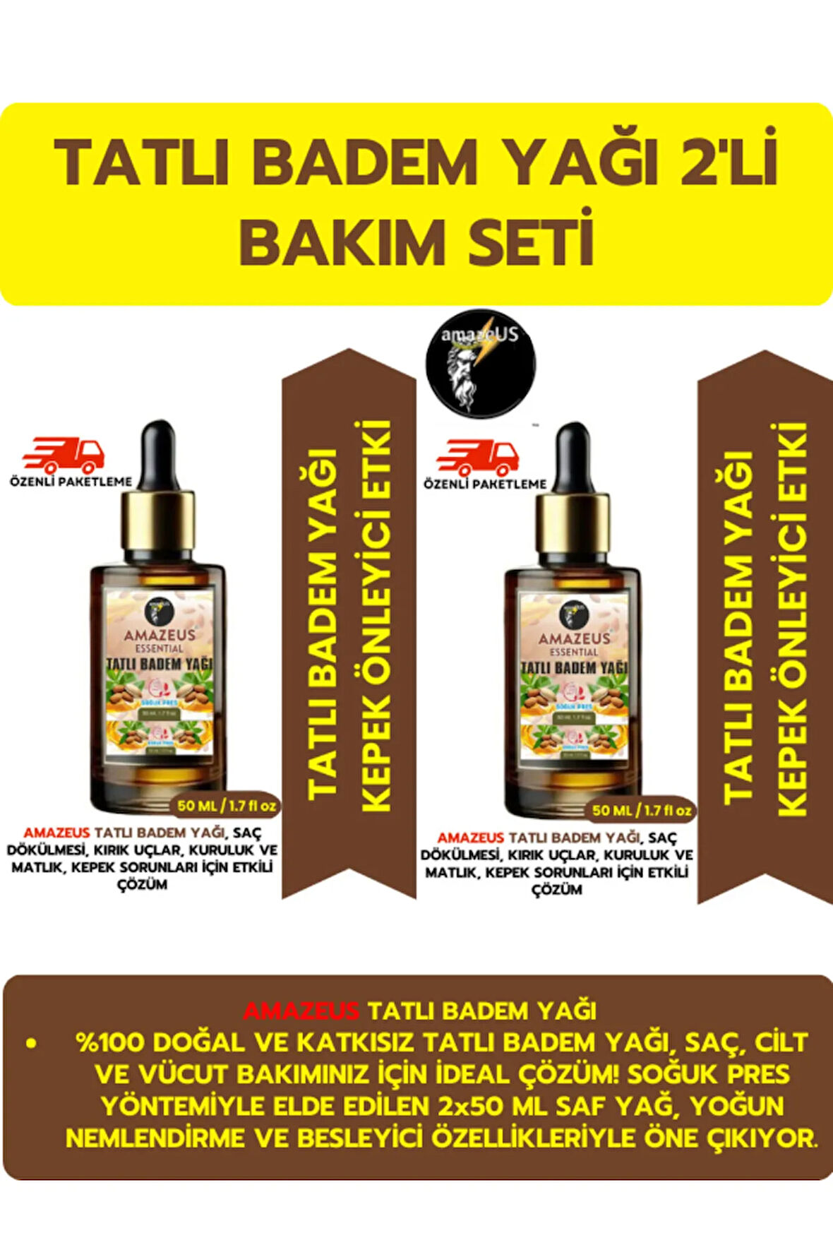 TATLI BADEM YAĞI 2'Lİ (%100 SAF VE DOĞAL-SOĞUK PRES) BESLEYİCİ ETKİ 2x50 ml / 3.4 Fl Oz