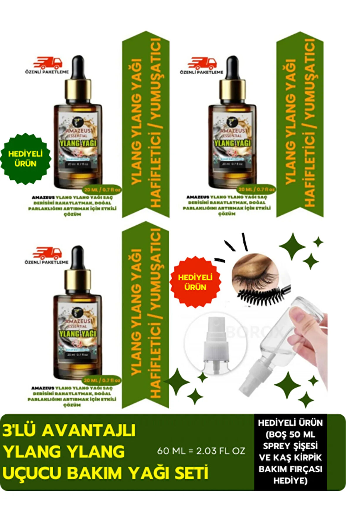 YLANG YLANG UÇUCU YAĞI 3'LÜ (%100 SAF VE DOĞAL) BESLEYİCİ ETKİ 3X20 ML / 2.03 Fl Oz